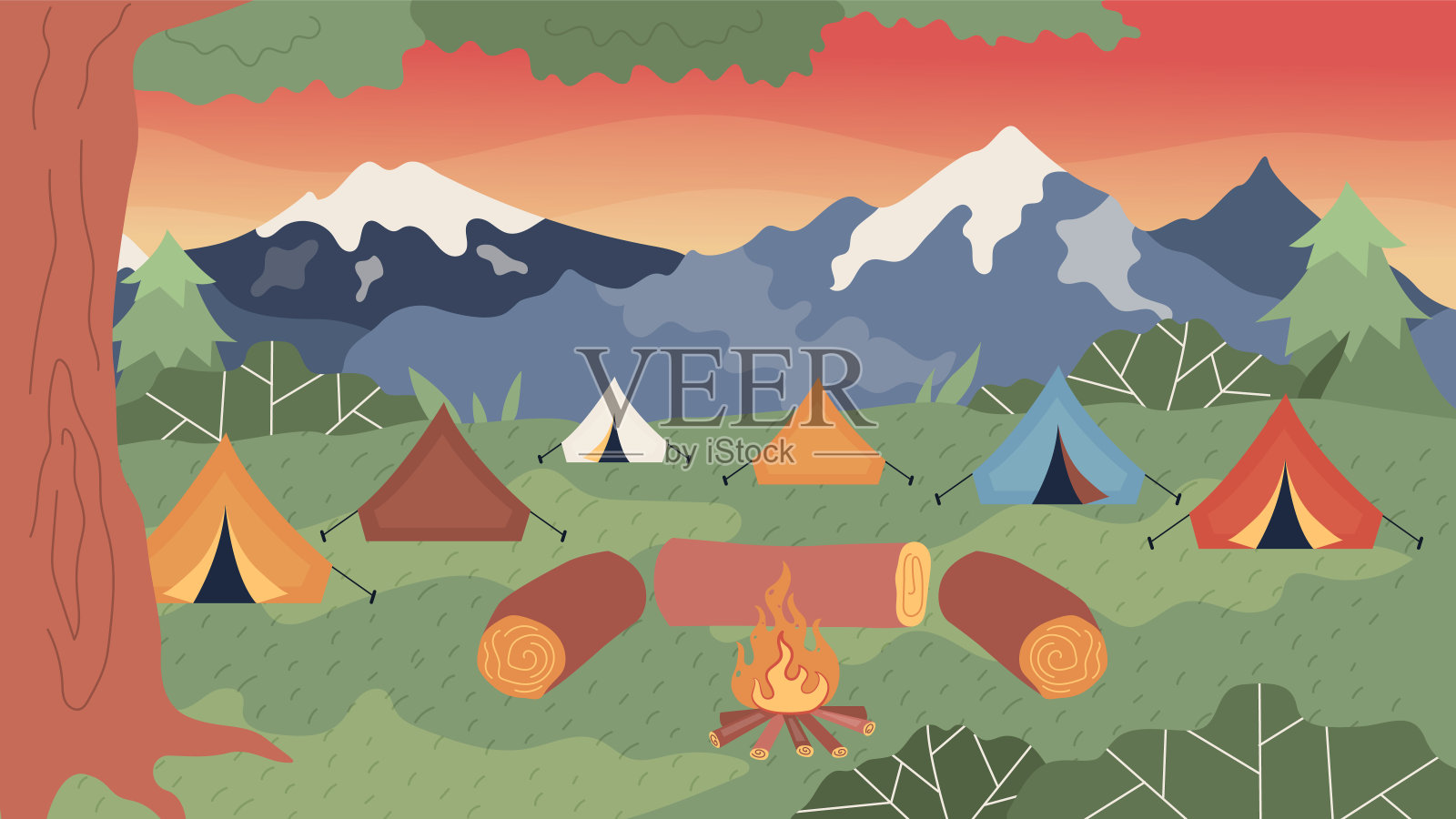 露营的概念。美丽的山地景观与露营。帐篷，用原木围成的篝火。令人兴奋的自然景观在晚上。卡通平的风格。矢量图插画图片素材