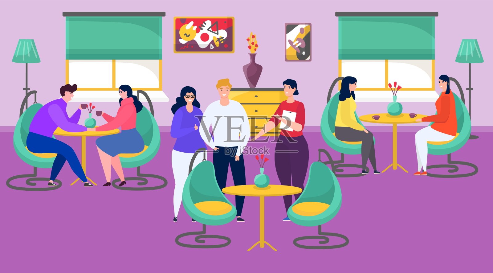 人们在餐厅或咖啡馆桌旁喝咖啡，开会插画图片素材