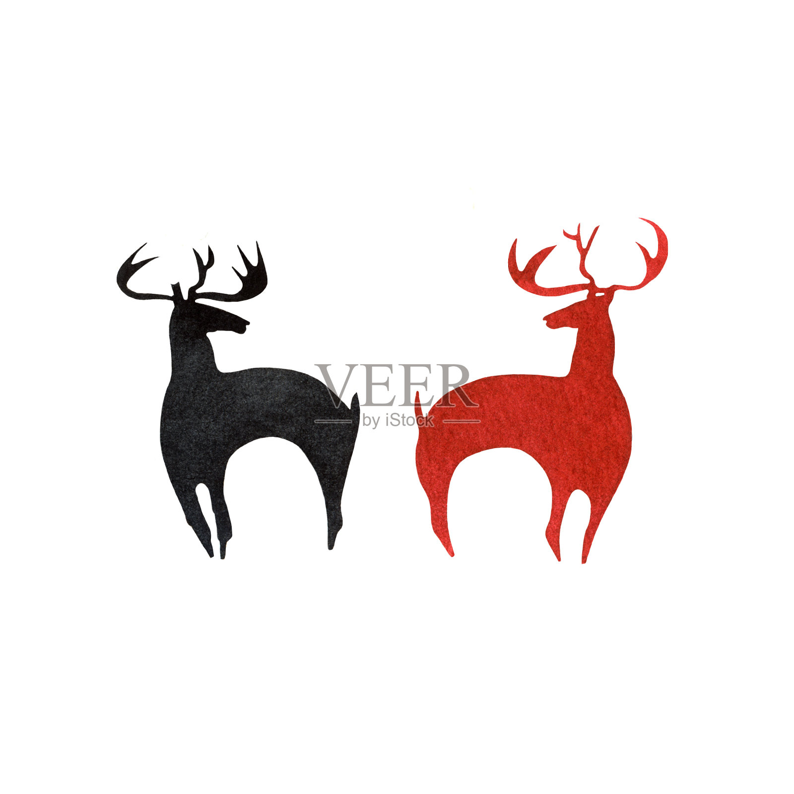 红色和黑色的鹿在白色的背景上的水彩剪影插画图片素材