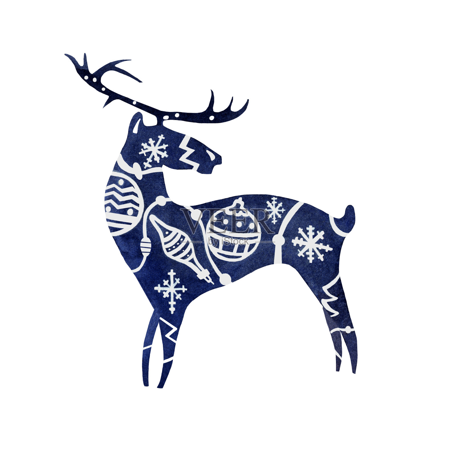 水彩剪影在白色背景的蓝色鹿与白色冬季节日主题图案上的身体插画图片素材