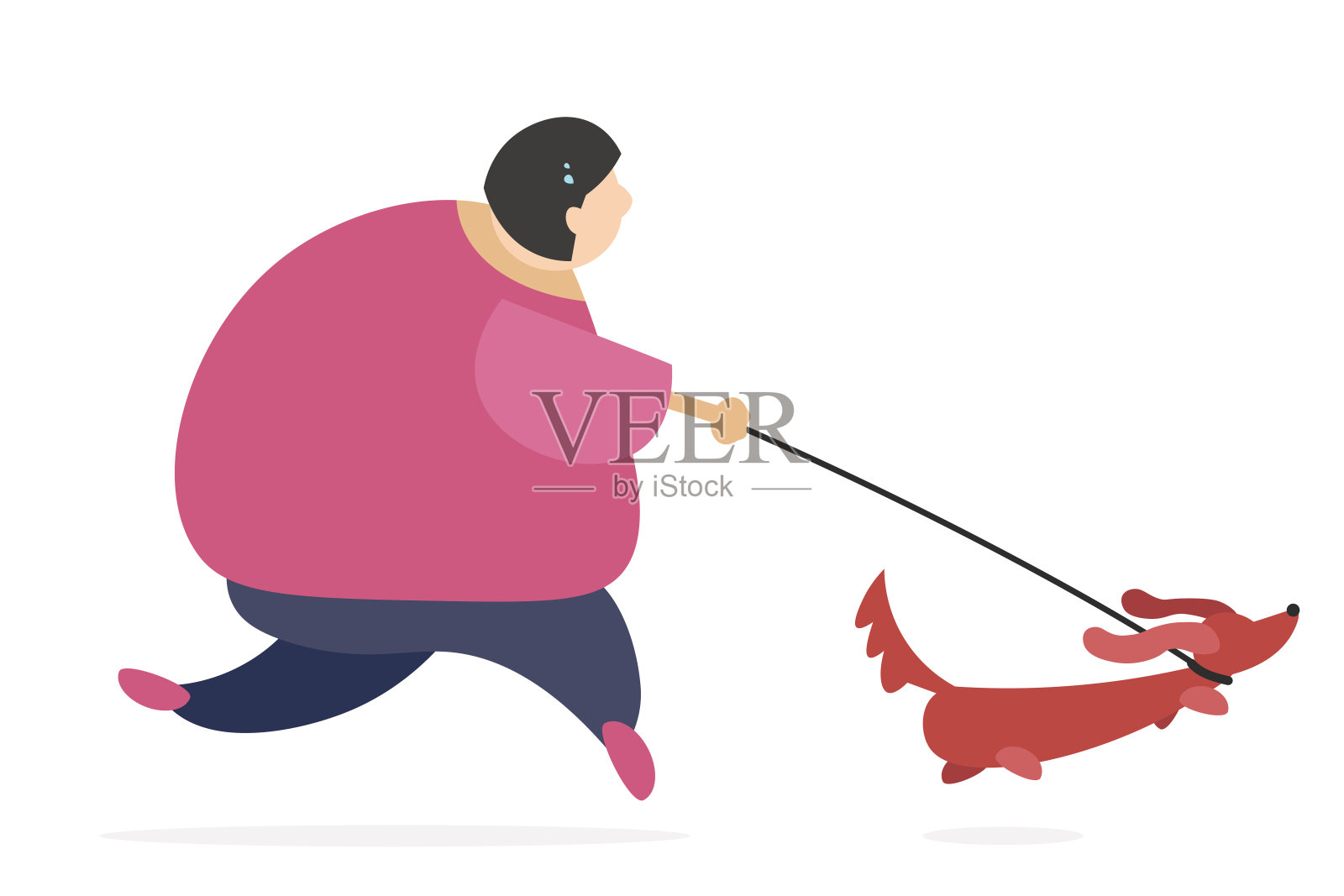 有趣的厚女人跑步和她的狗去运动。插画图片素材