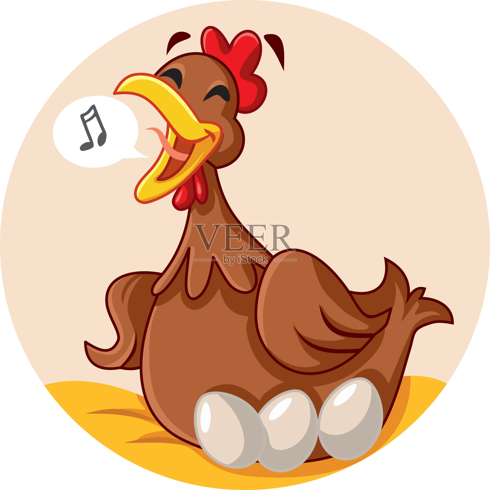 滑稽的母鸡坐在鸡蛋上唱歌的卡通吉祥物插画图片素材