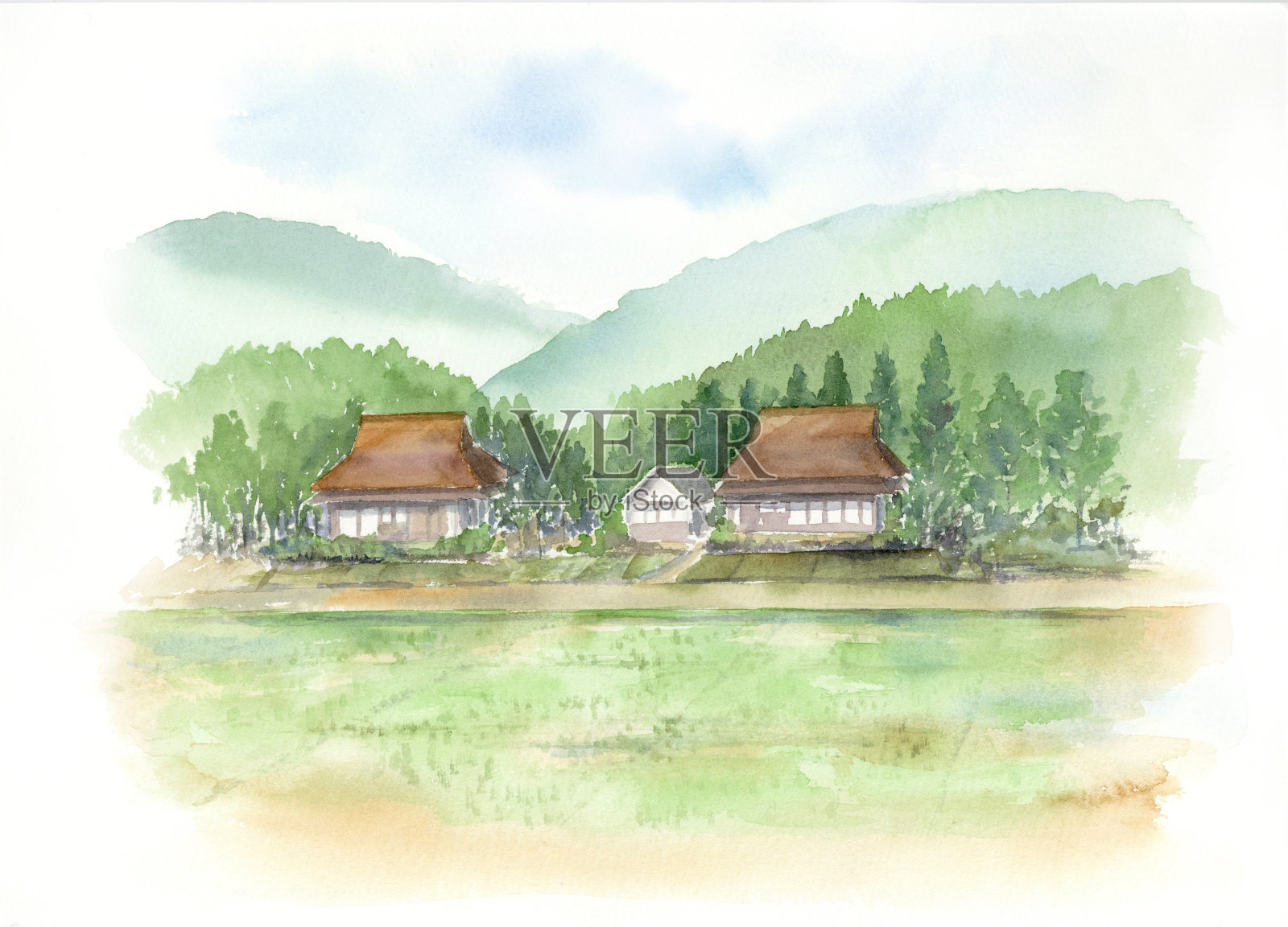 村庄景观的水彩插图。插画图片素材