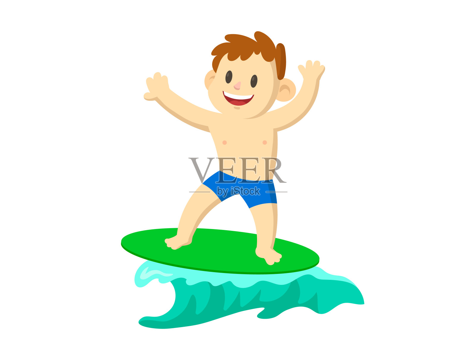 浪头上快乐的年轻冲浪男孩。平面矢量插图，孤立在白色背景上。插画图片素材