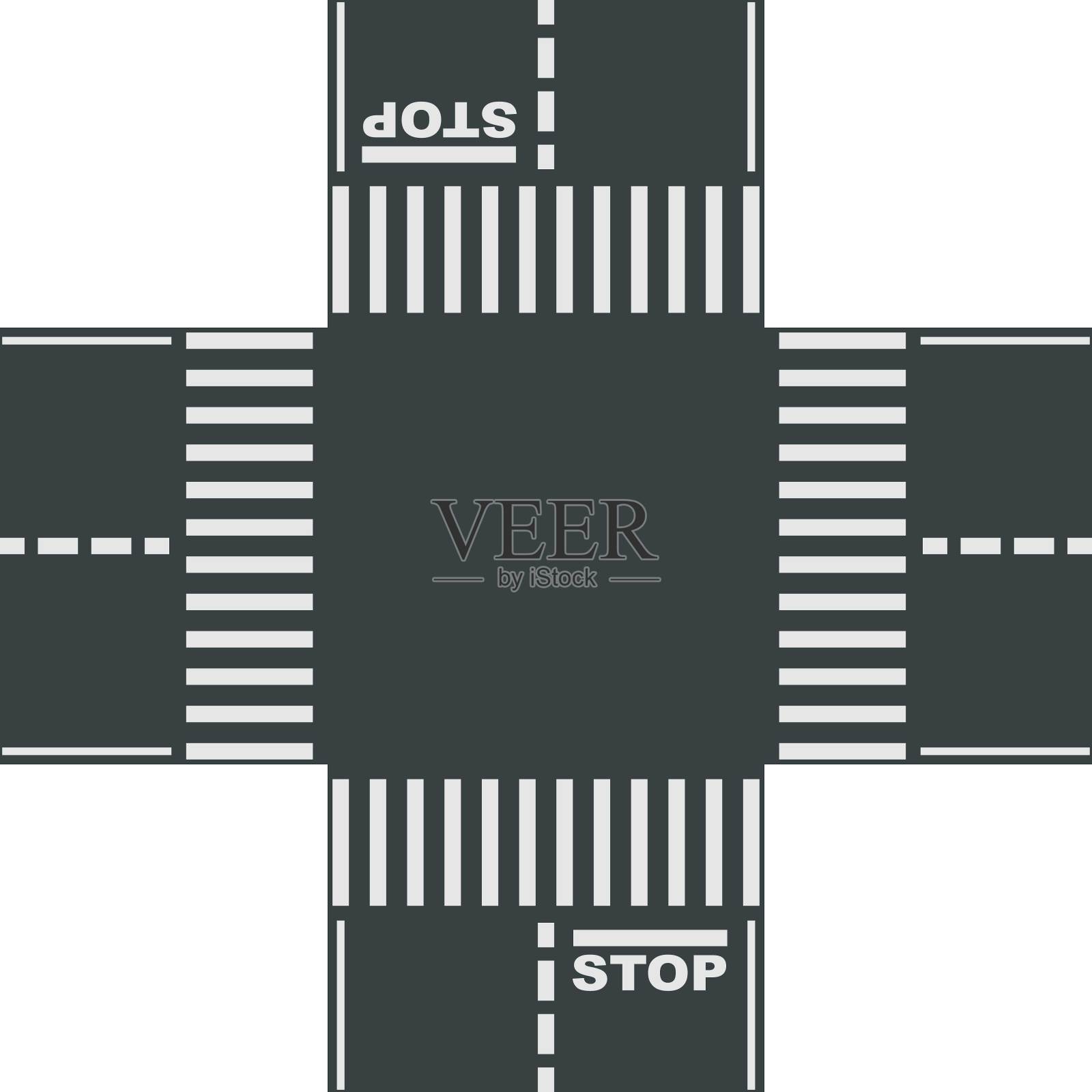 十字路口的标志与道路标记和停止线。设计元素图片