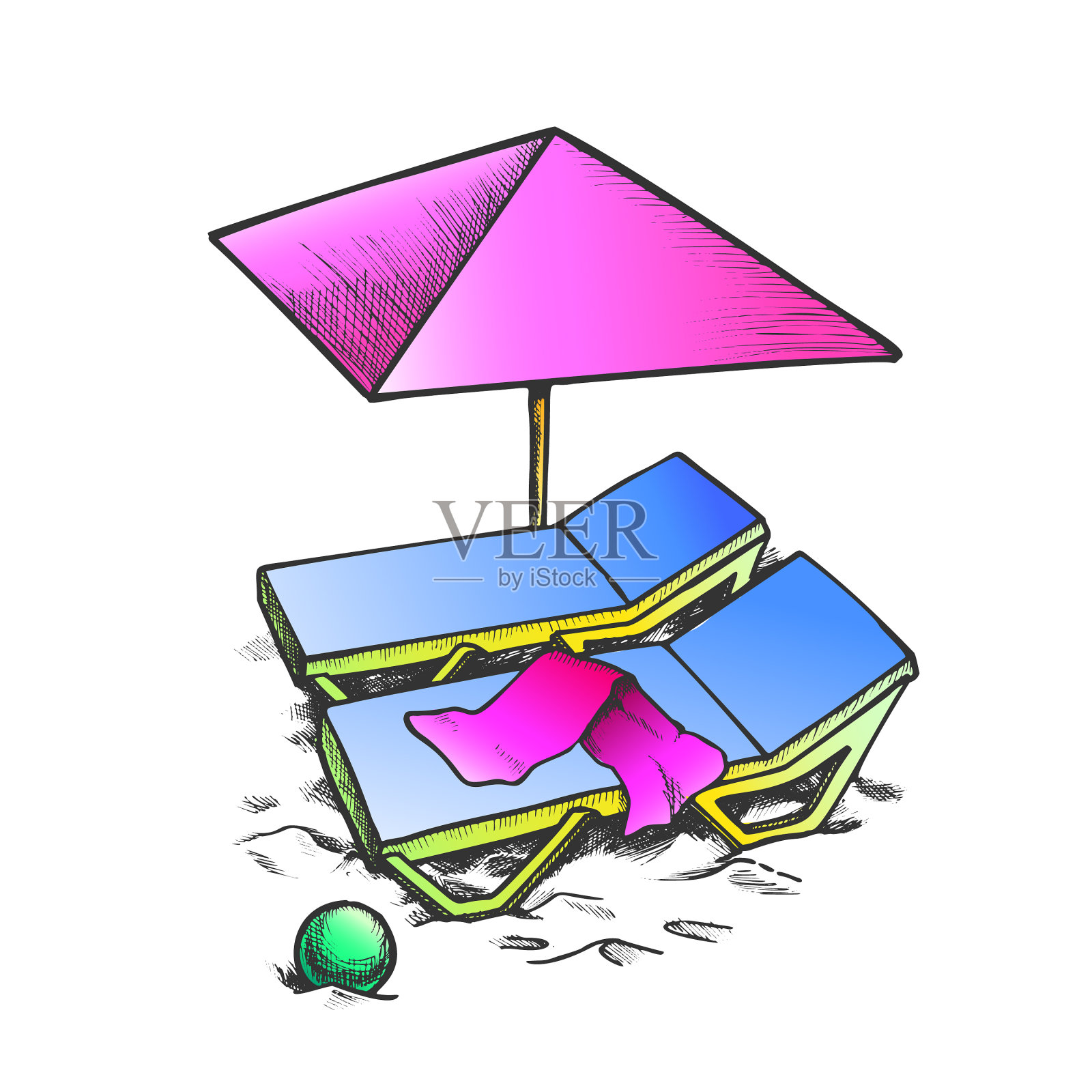 两把沙滩椅，带雨伞和球墨设计元素图片