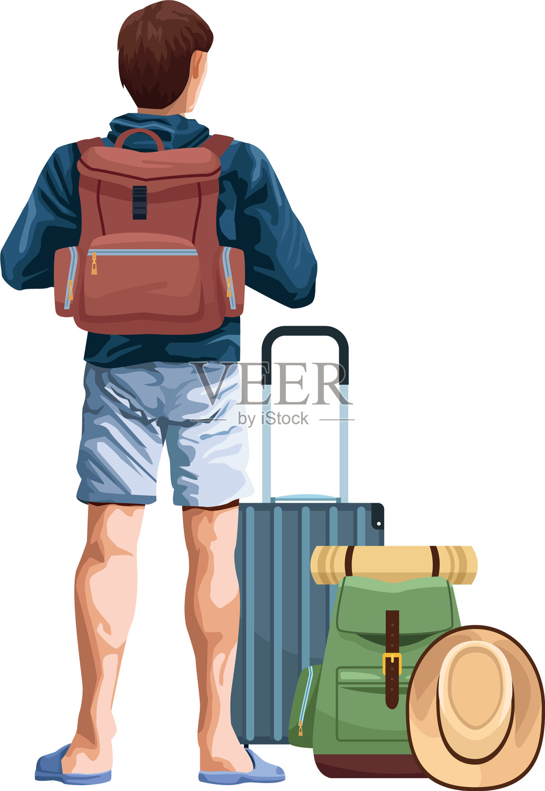 男人回来与旅行手提箱和背包图标插画图片素材