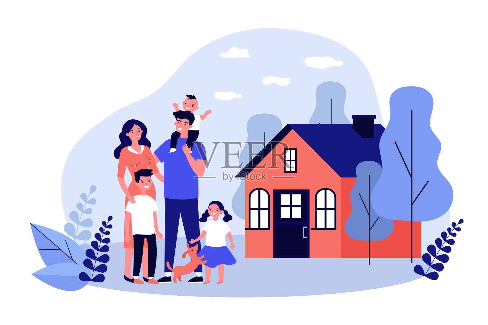 幸福的家庭夫妇和孩子和宠物站在一起插画图片素材