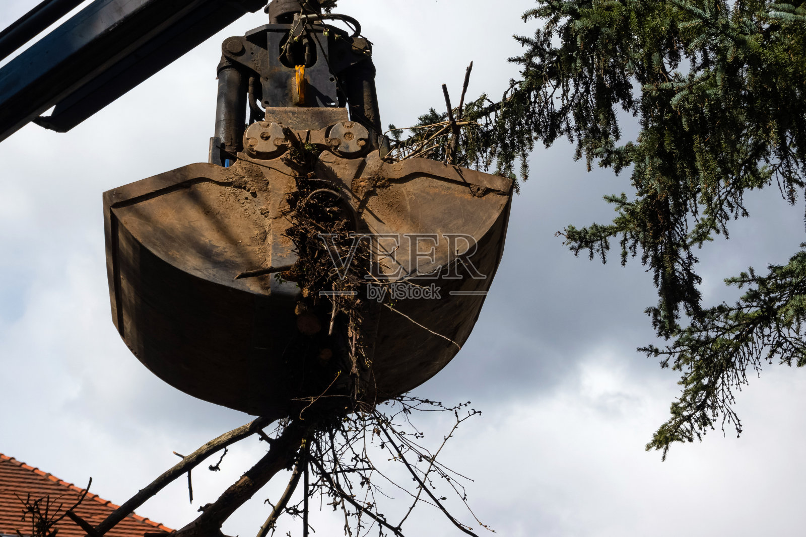 重型工业机器铲斗地上的木树枝和泥土。液压铲从花园里抬起木材和废弃物照片摄影图片