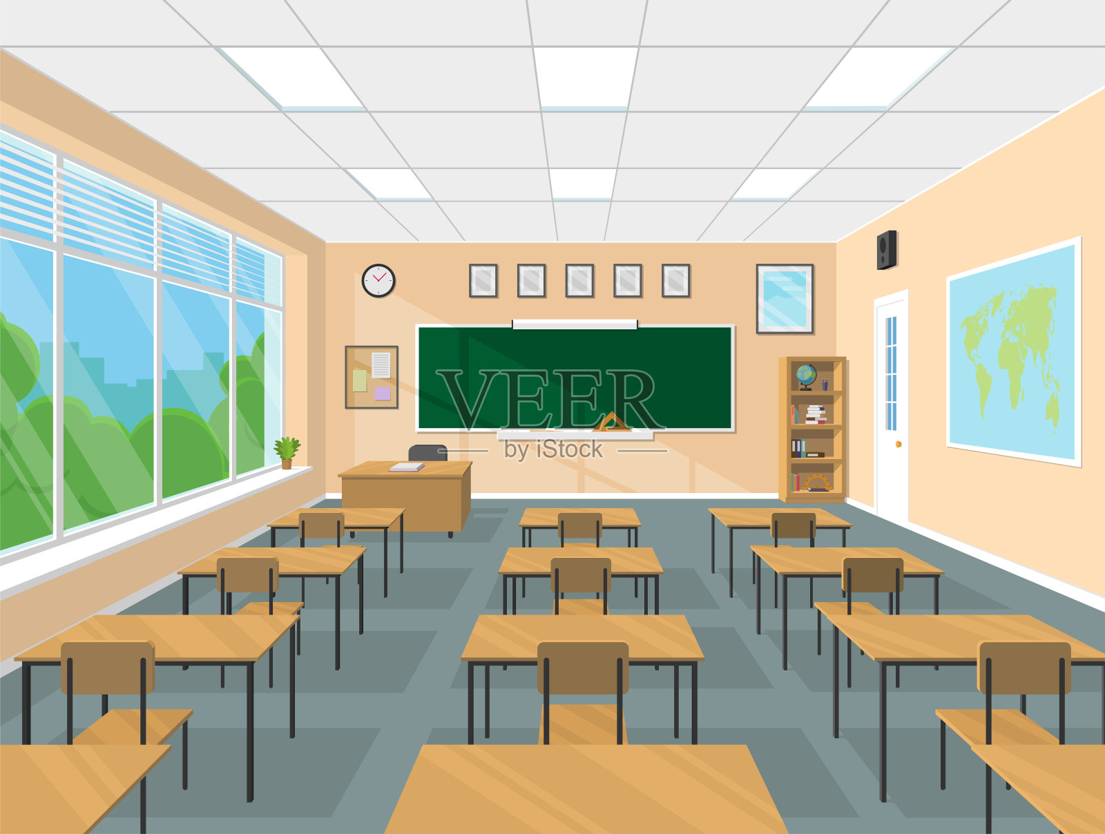 Ð教室内部备有黑板、教师桌子、课桌、学习用品。学校与大学的教育理念。平面设计矢量图插画图片素材
