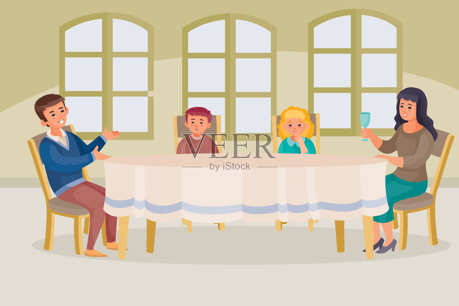 妈妈，爸爸，儿子和女儿坐在一个大圆桌，家庭，矢量插图，所有在不同的层插画图片素材