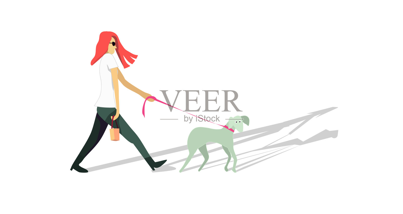 2D平面矢量设计，白色背景，人的休闲活动理念，女人带着狗去购物，简约的生活方式，创意的插画购物和时尚的背景。设计元素图片