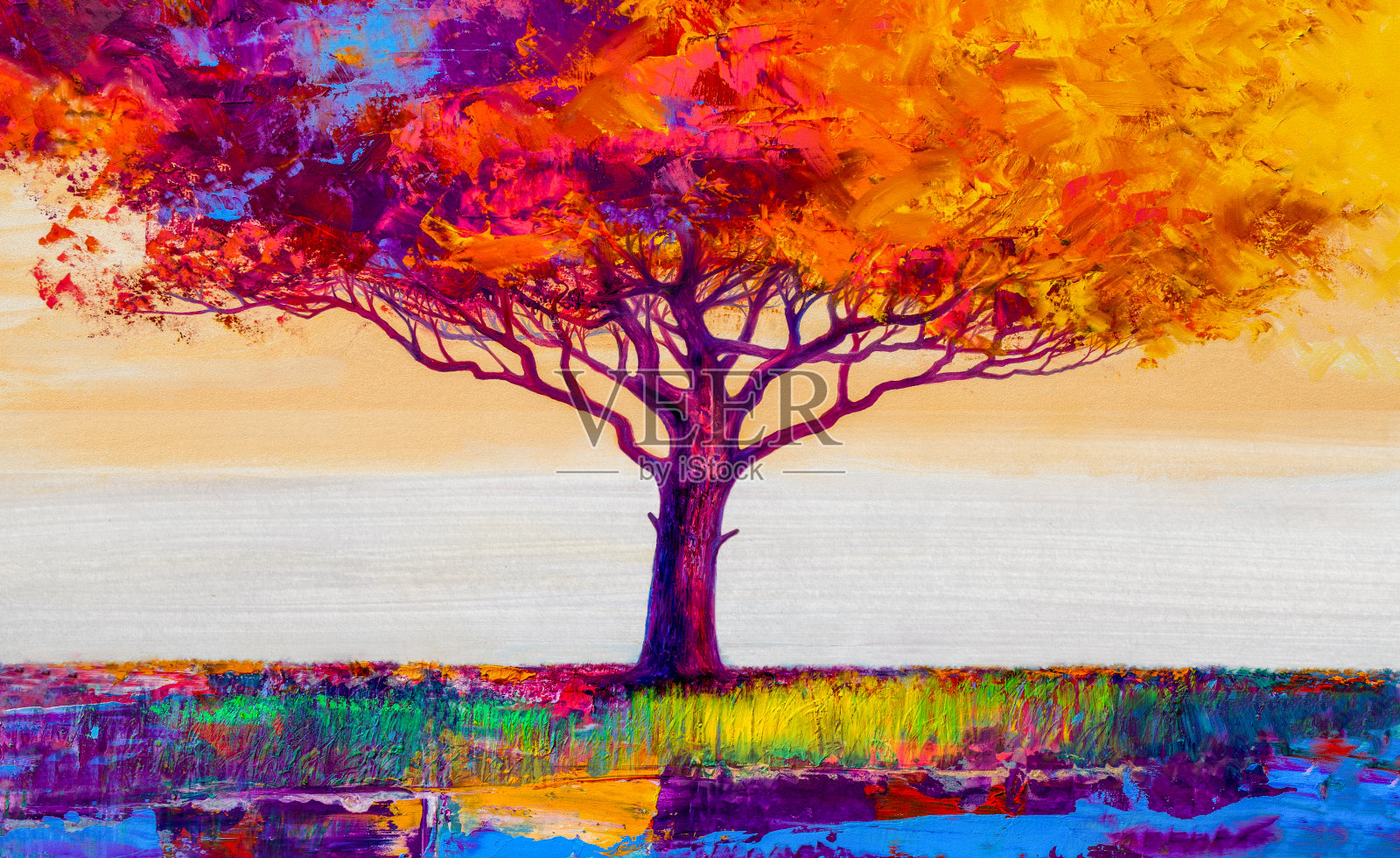 油画风景。丰富多彩的秋天树。抽象风格。插画图片素材
