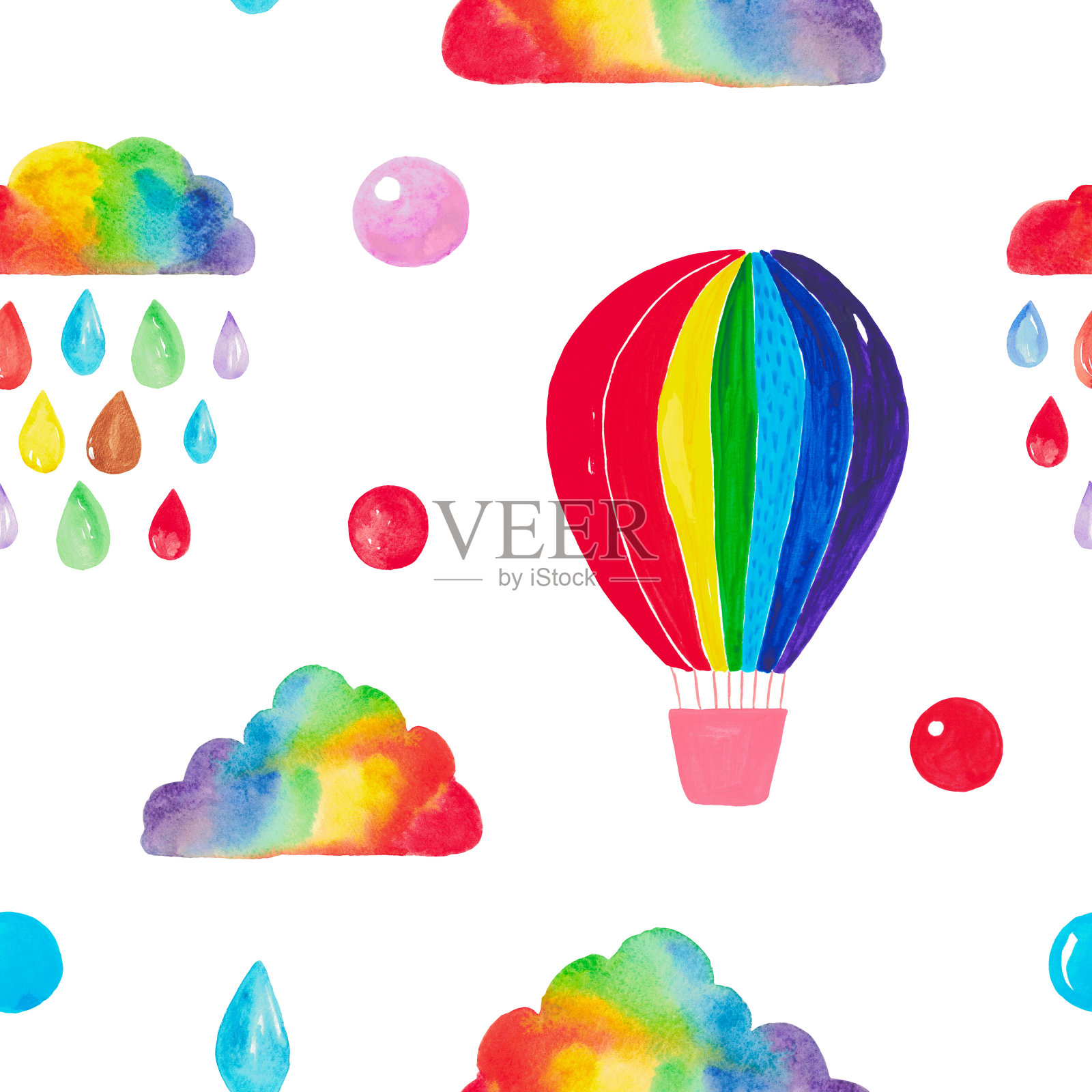 无缝图案水彩插画热气球云朵气球儿童节日图案。手绘剪贴画彩虹的颜色。复古设计白色背景插画图片素材