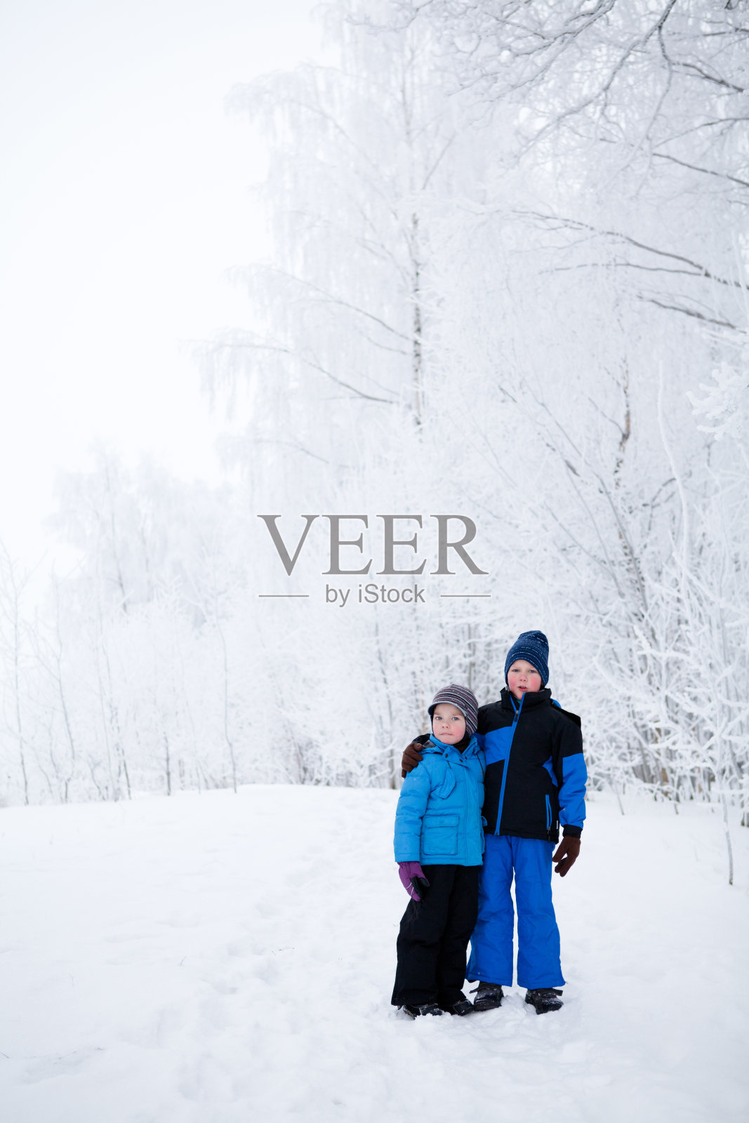 两个男孩，兄弟，穿着滑雪服，站在冰霜覆盖的冬天森林的厚厚的雪地里拥抱，红润的脸颊，在一起照片摄影图片