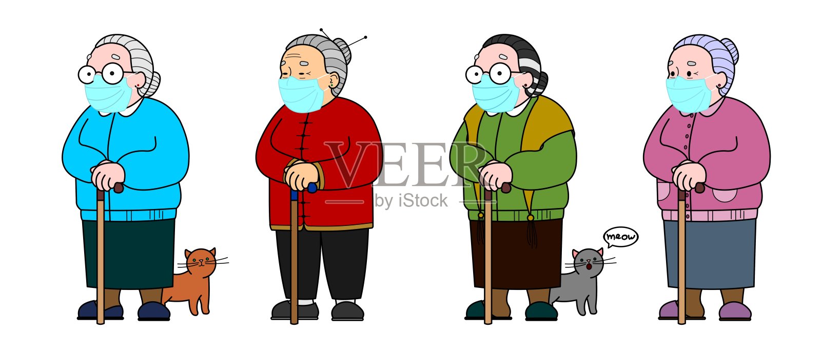 向量集图像的亚洲，中国，韩国，蒙古，越南老妇人与一根手杖。穿着长裤的老年妇女，老年人的概念。孤立在一个白色的背景。设计元素图片