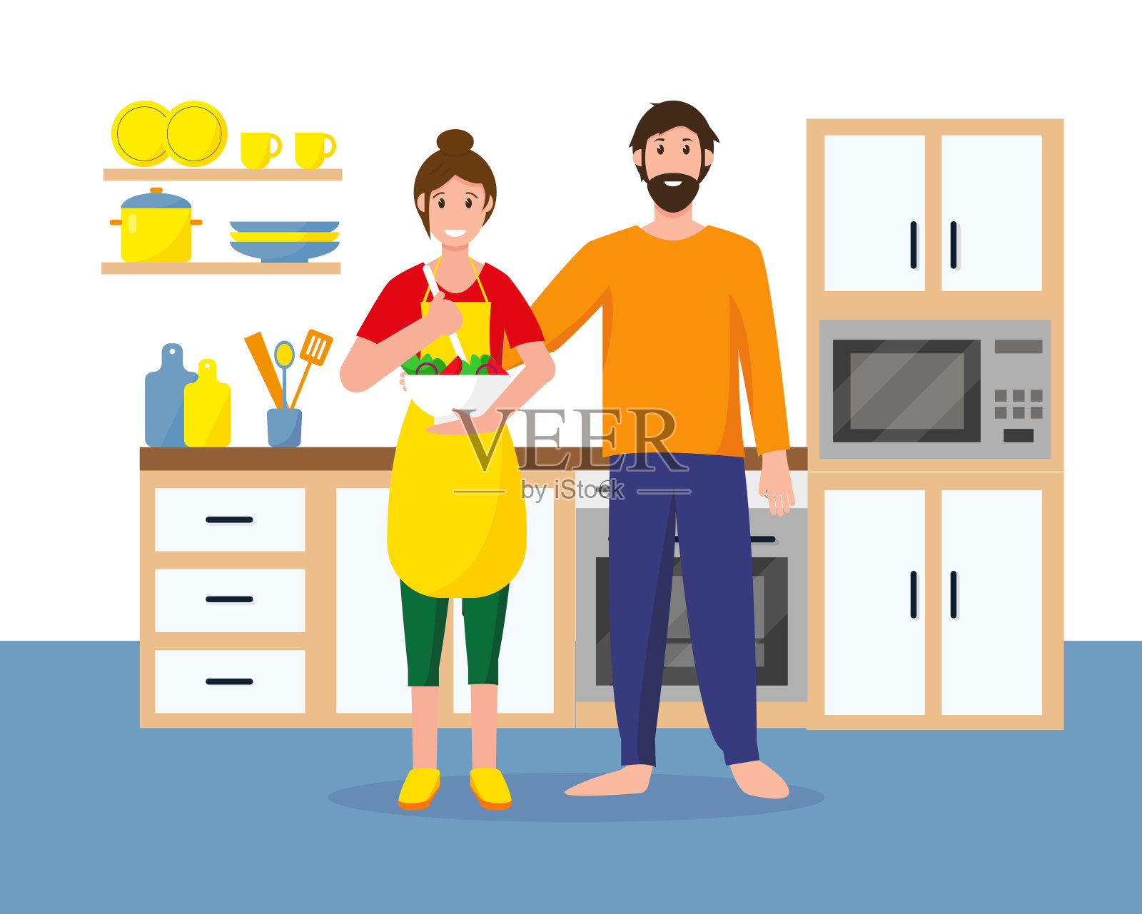 男人和女人在厨房做饭。家庭主妇和丈夫在家里。幸福家庭和不呆家的概念。矢量插图。设计元素图片