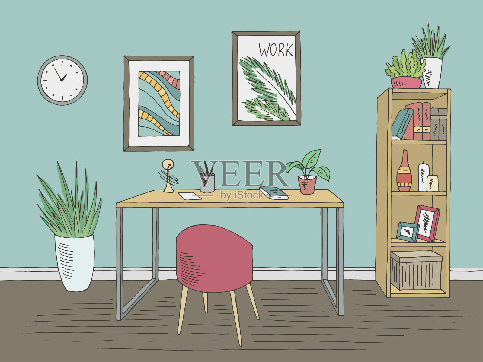 家庭办公室图形颜色室内草图插图向量插画图片素材