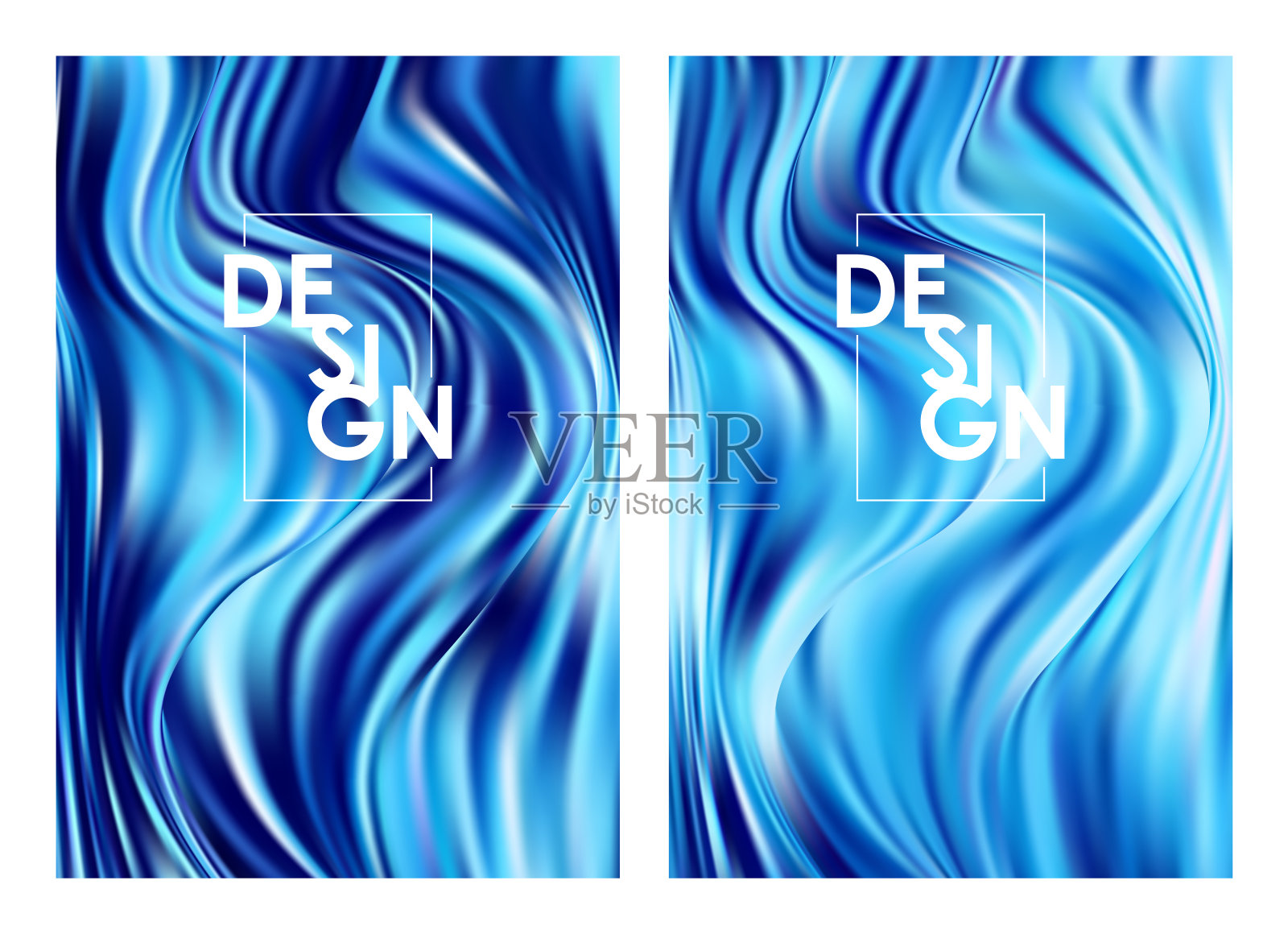 两套现代蓝色流动海报。抽象扭曲波浪色液体背景。时尚的艺术设计设计模板素材