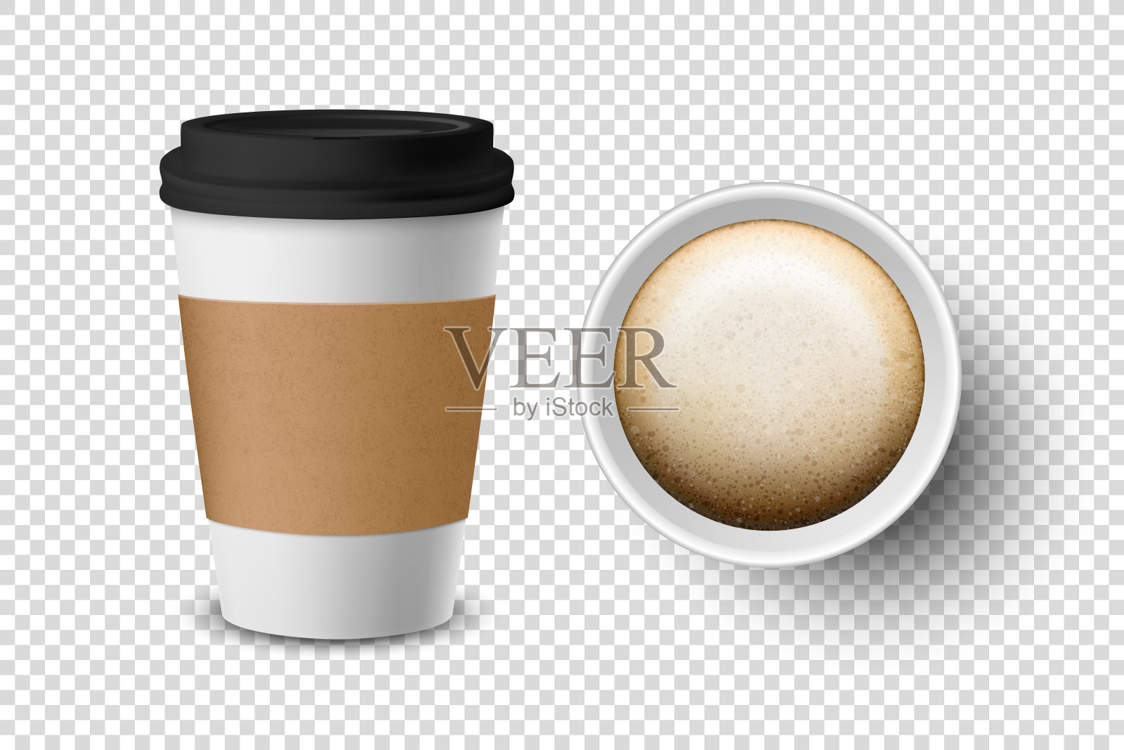 矢量3d现实一次性打开的纸，塑料咖啡杯的饮料图标设置特写孤立在透明的背景。设计模板模型。顶视图和前视图设计元素图片