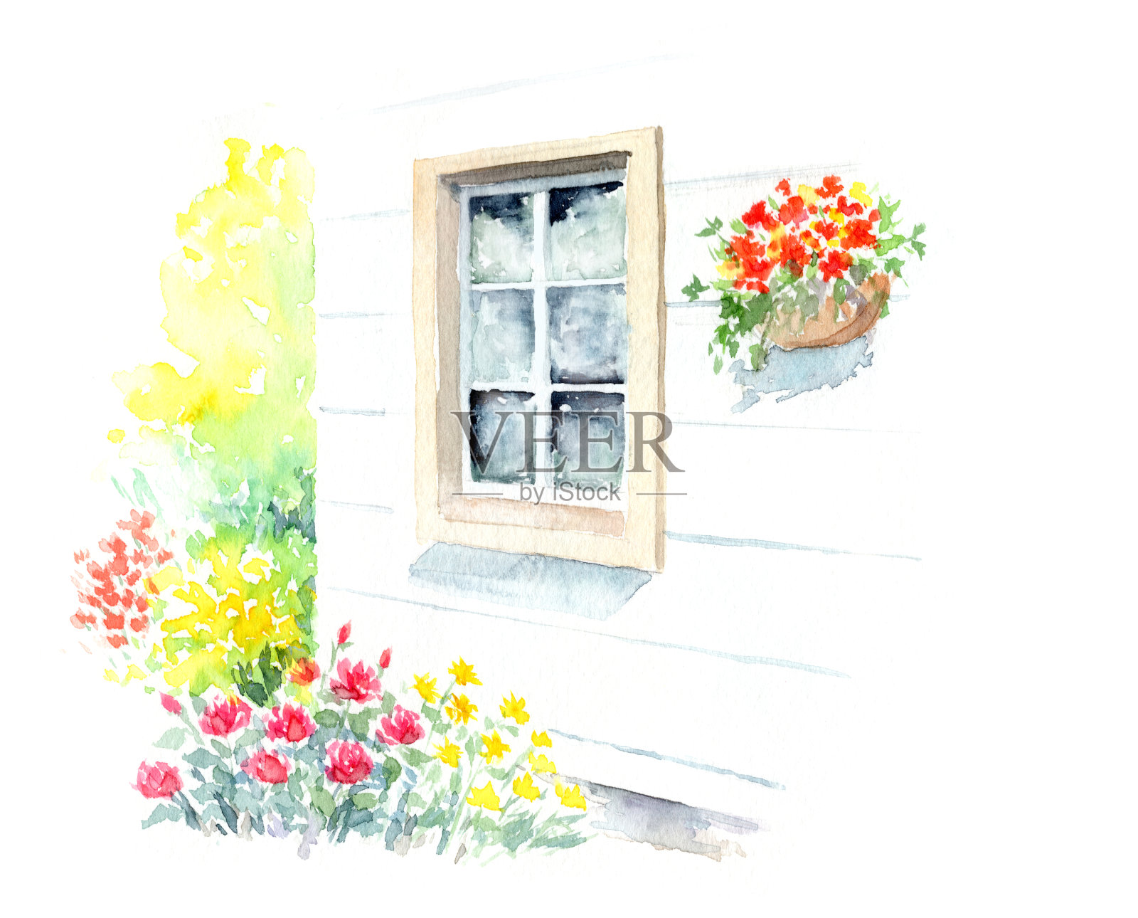 房子窗户和花水彩画。插画图片素材