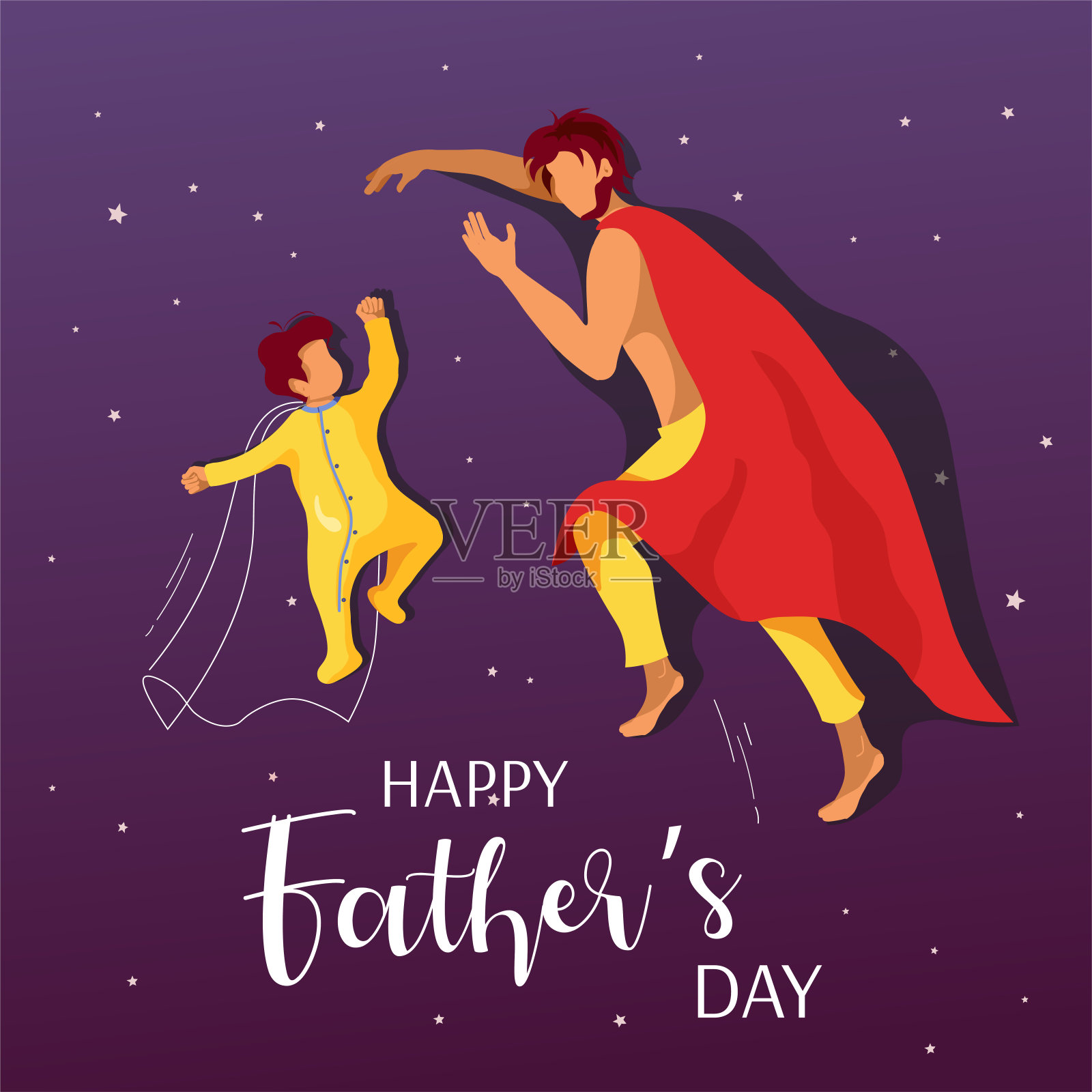 为父亲节快乐设计的卡片。熟睡的宝宝和爸爸裹着红毯子，就像披着超级英雄斗篷。插画图片素材