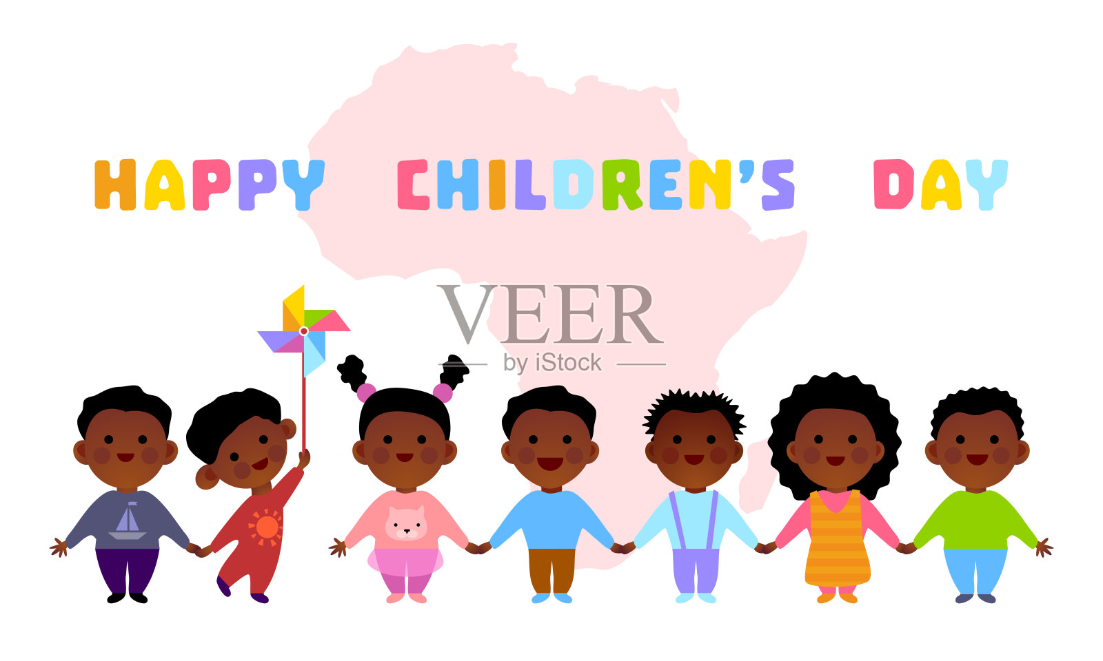非洲儿童节快乐。矢量插图。非洲儿童。非洲儿童国际日。6月16日。非洲大陆背景地图上的非洲儿童。卡通人物插画图片素材