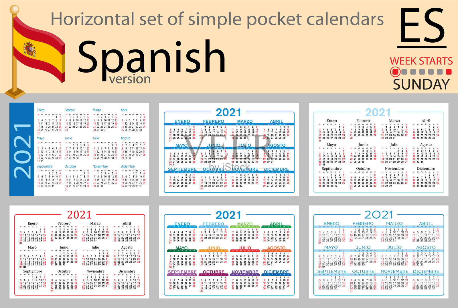 西班牙水平口袋日历2021年设计模板素材