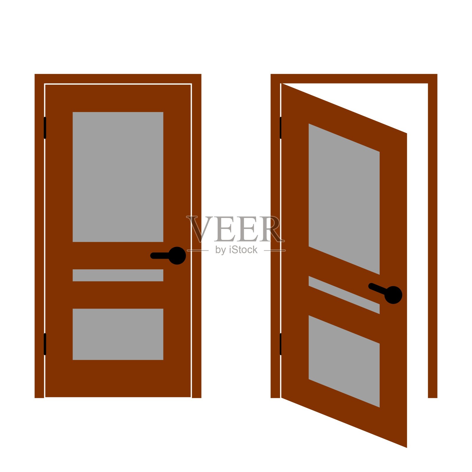 门的2D插图打开和打开与白色背景的叹息空间。棕色和玻璃色。设计元素图片