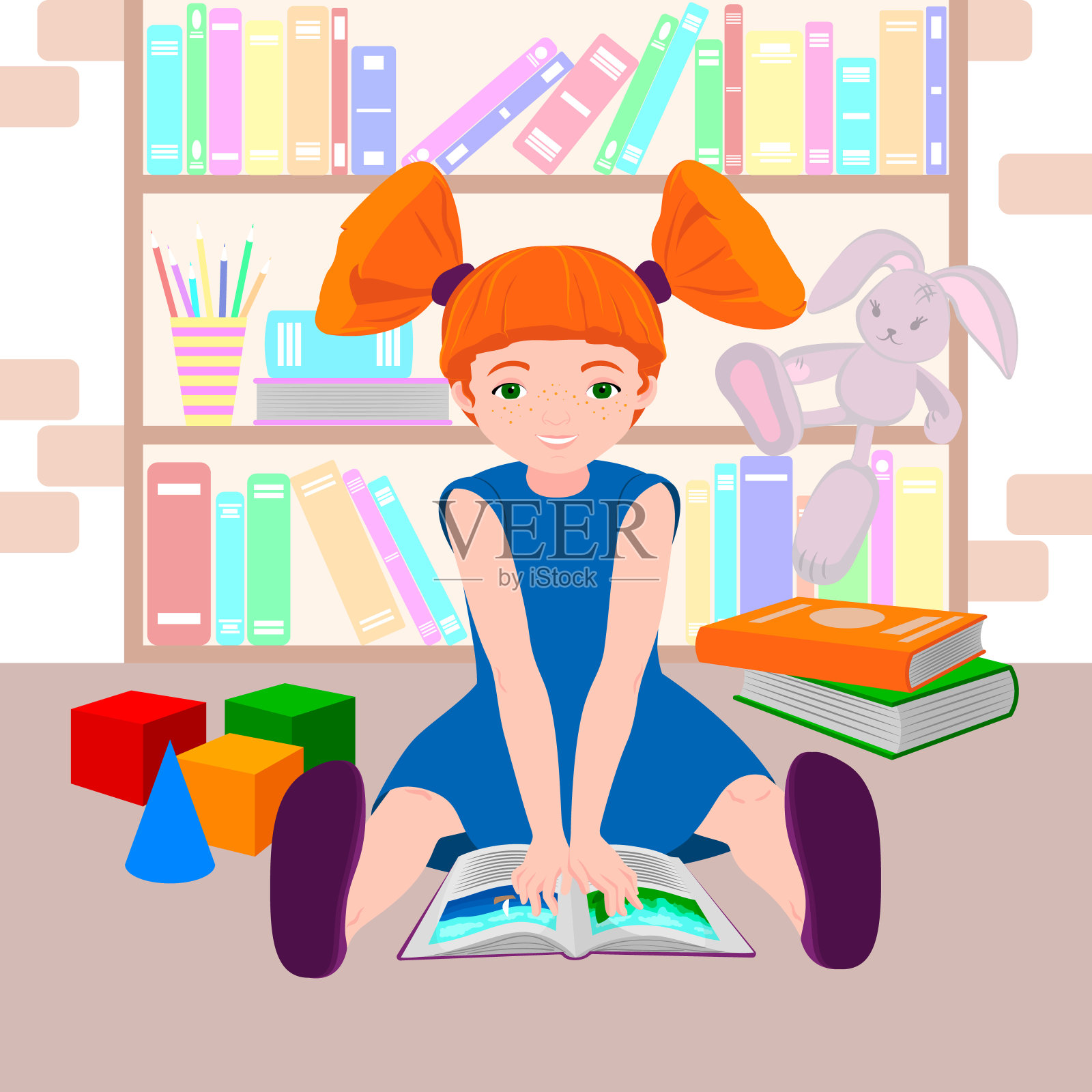 红头发的小女孩拿着一本书。插画图片素材