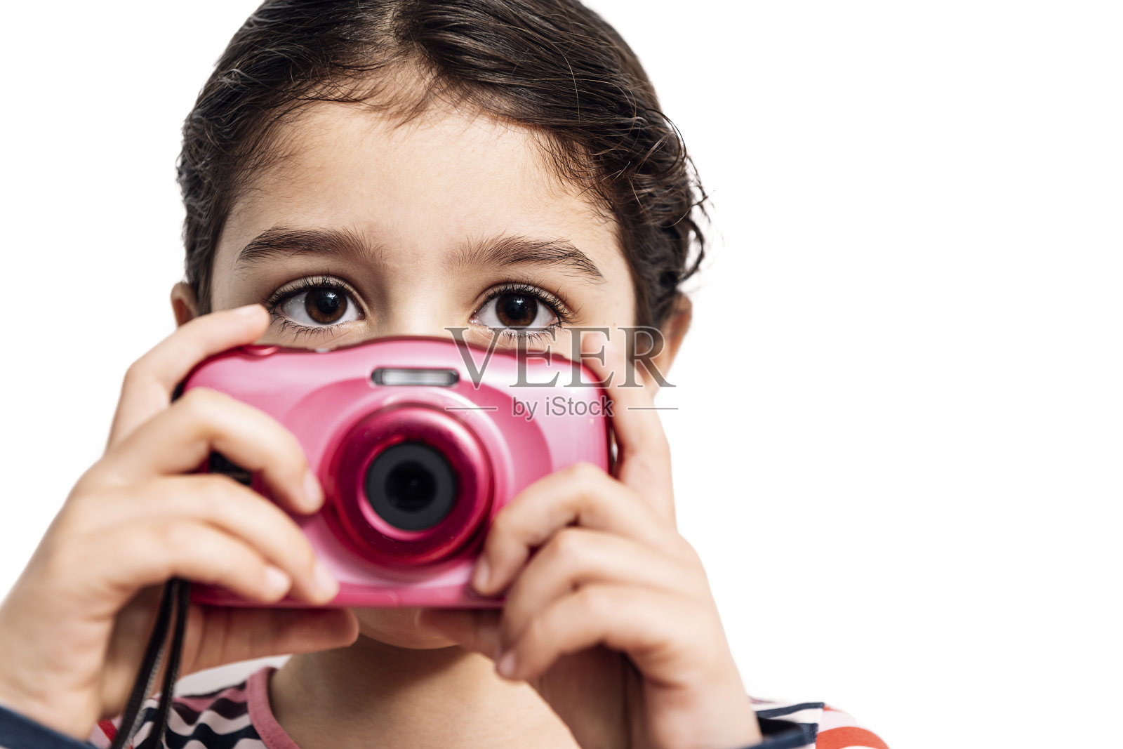 孩子孤立在白色与相机拍照照片摄影图片