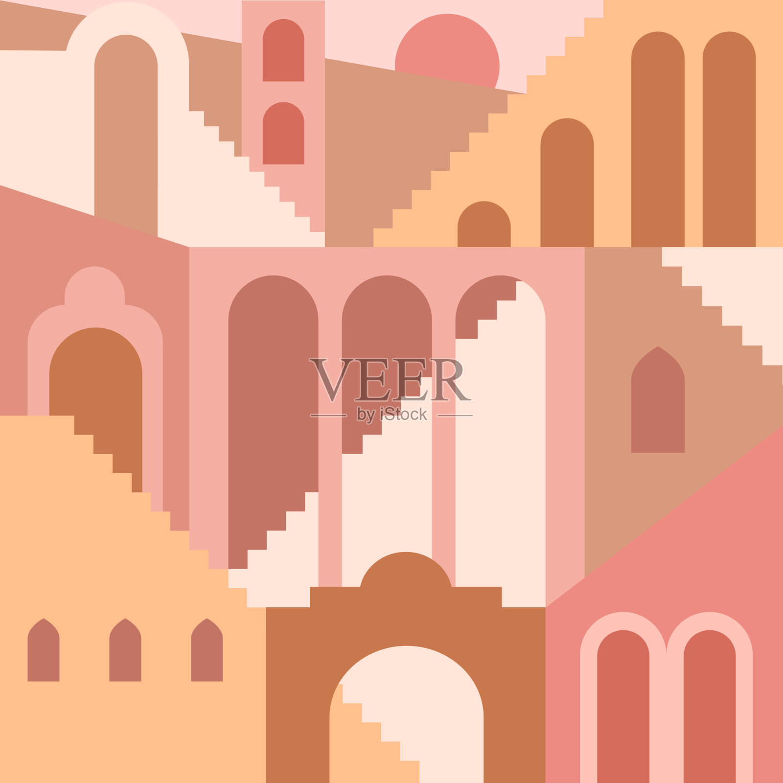 当代美学背景与平面几何建筑，摩洛哥楼梯，墙壁，拱门，弧形。放荡不羁的风格。中世纪现代抽象版画。泥土色调，赤土色。无缝模式。插画图片素材