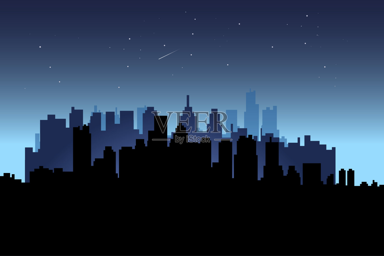 在城市或城镇的夜空下闪烁着星星。黑色的建筑，摩天大楼，房屋。深蓝色星空下的城市景观。空间背景，横幅插图插画图片素材