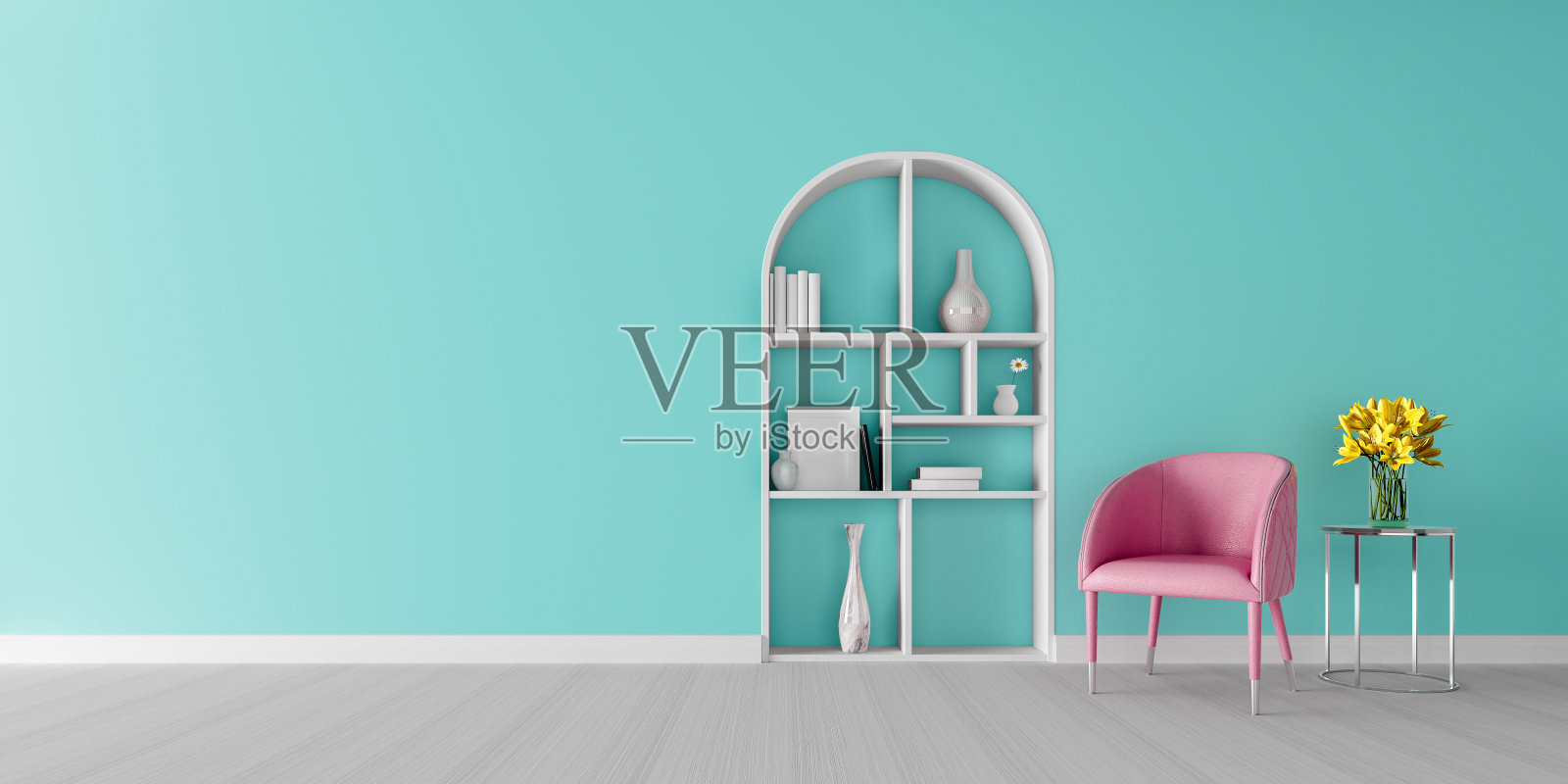 客厅室内设计。模型与淡粉色扶手椅，空的蓝色墙壁与自由空间在左侧3D渲染照片摄影图片