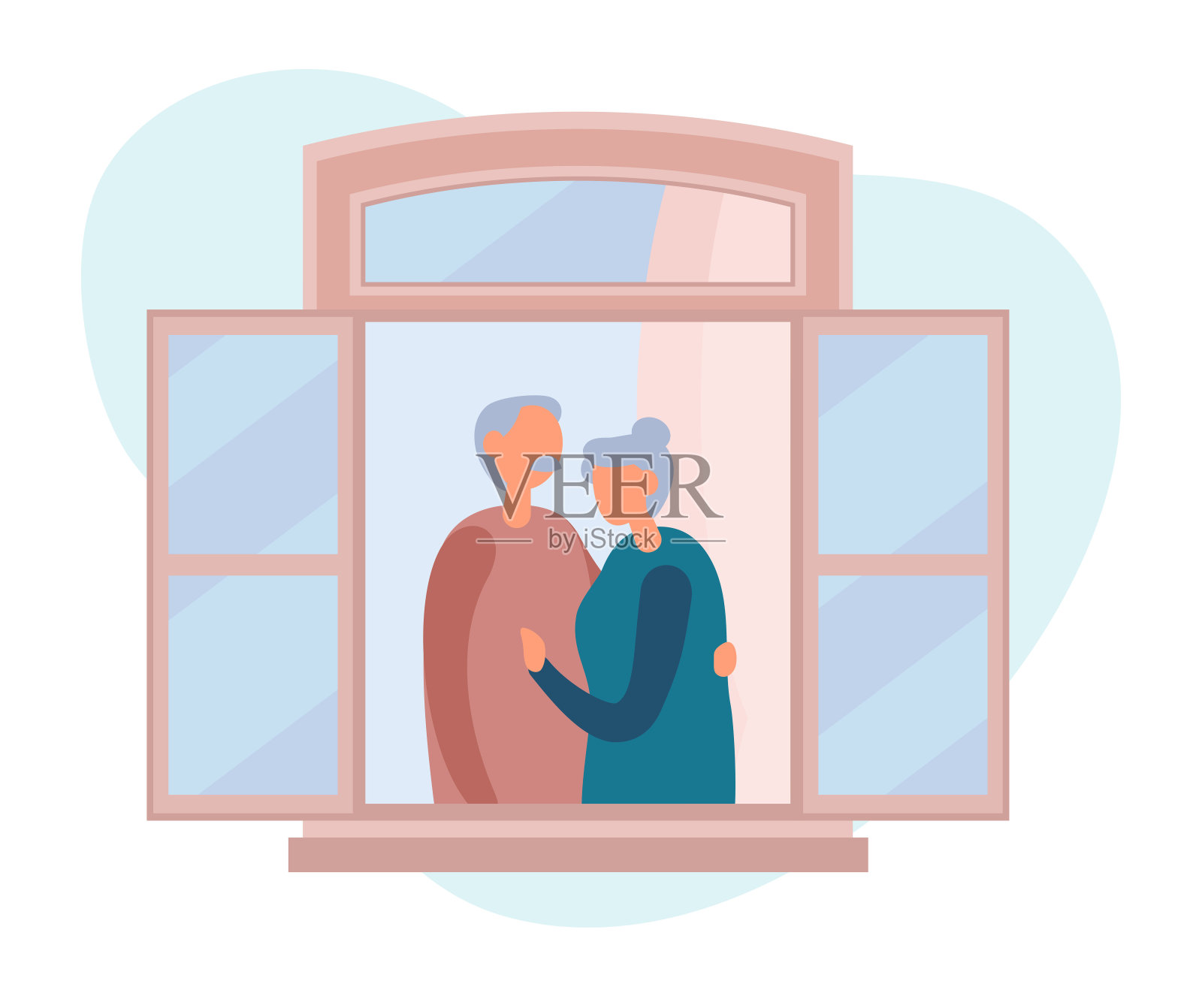 一对老年夫妇在家窗边拥抱插画图片素材