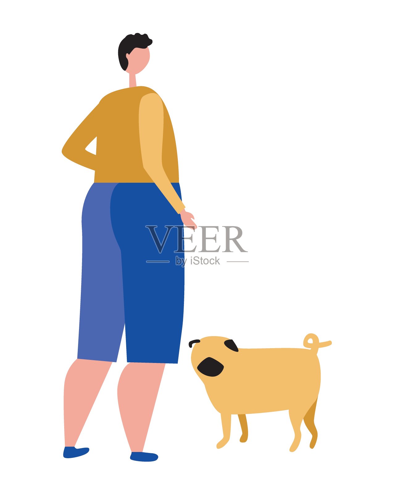 哈巴狗和年轻或成年男子孤立在白色背景设计，平面矢量股票插图与狗或宠物和主人作为一个散步的概念插画图片素材