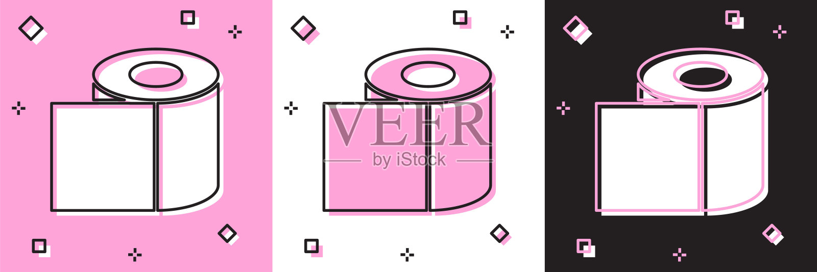 设置厕纸卷图标隔离在粉红色和白色，黑色背景。矢量图插画图片素材