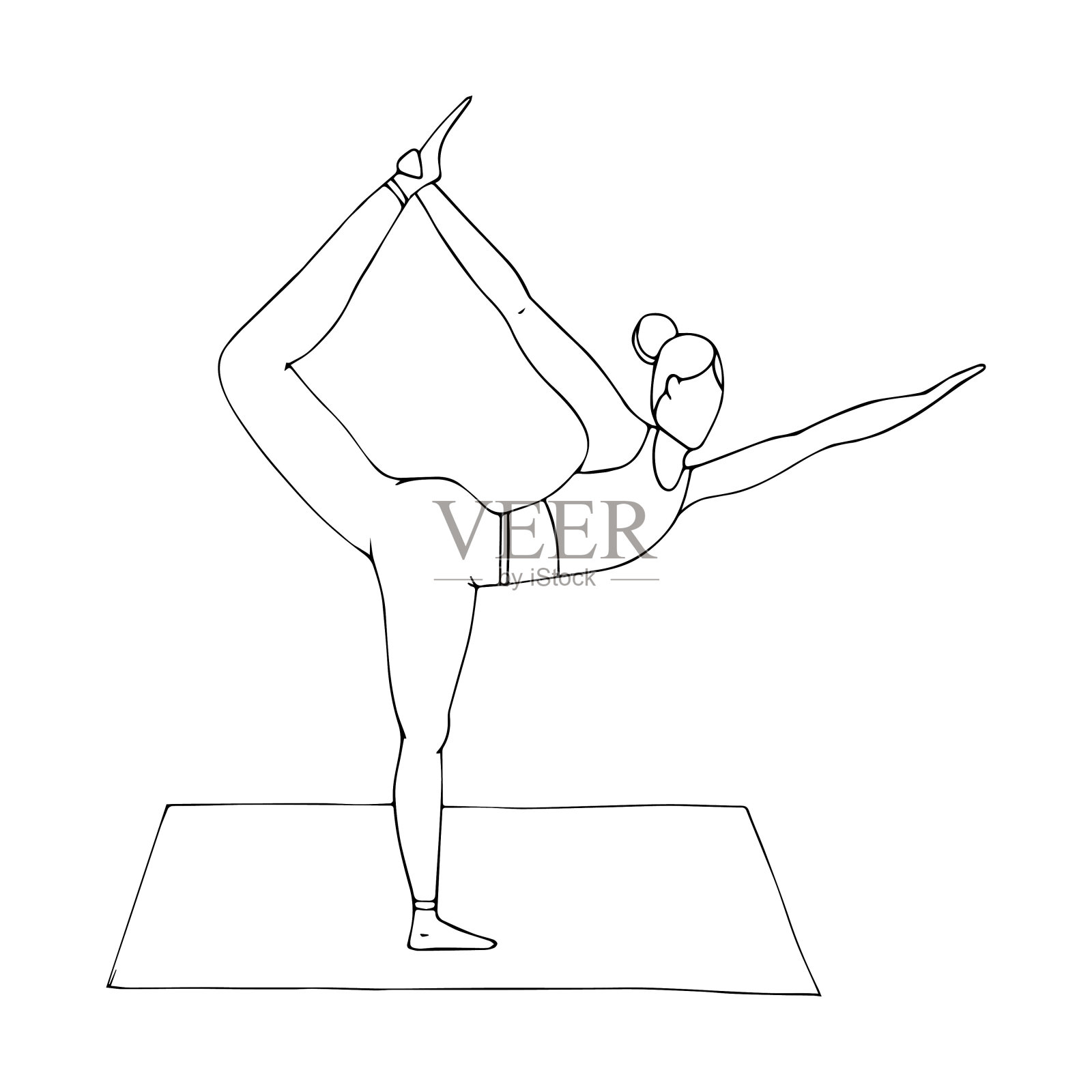 一个年轻的女孩正在练习哈他瑜伽。站立鞠躬的姿势。Dhanurasana。古老的体操，健康的生活方式。涂鸦风格。黑白矢量插图。手绘，孤立在白色插画图片素材