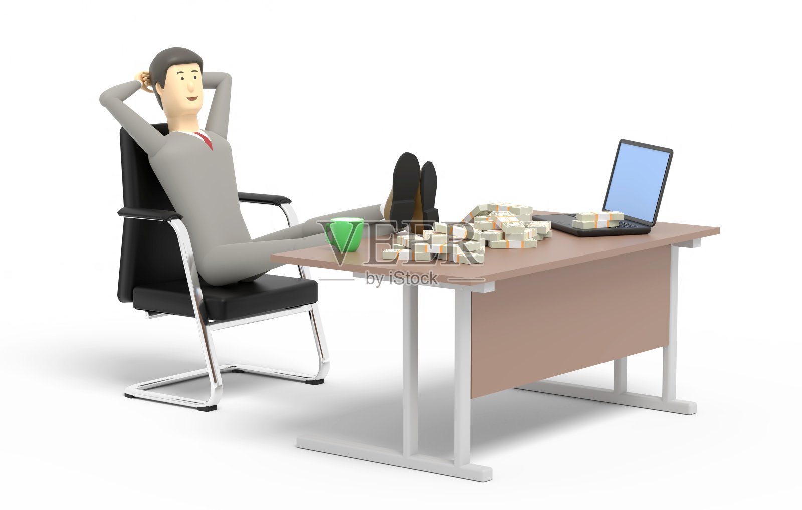 商人斜靠在扶手椅上，把腿放在放着大把钞票的桌子上。三维演示照片摄影图片