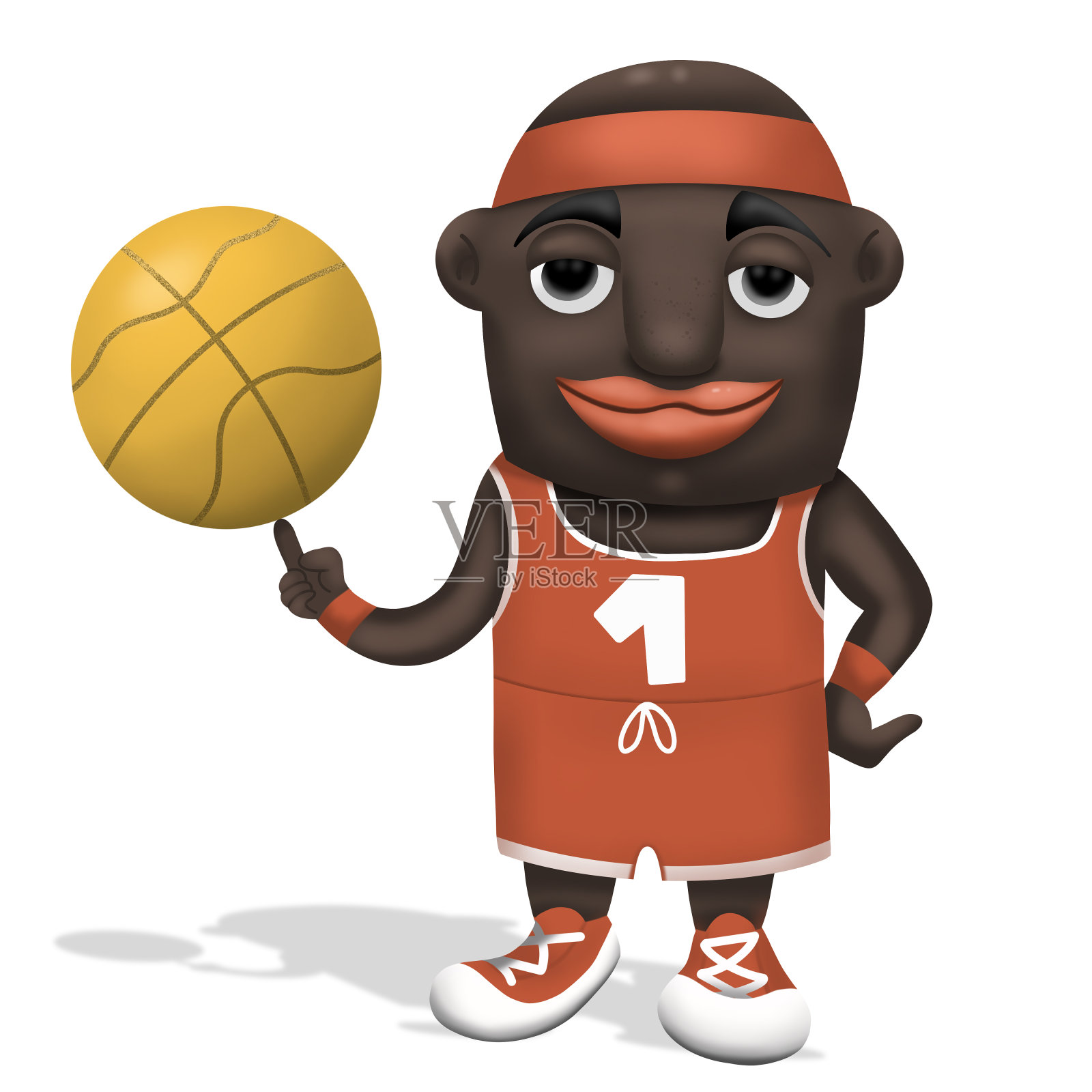 一名非裔美国篮球运动员身穿红白相间的队服，白色背景上有数字1、人物设计、插图。插画图片素材