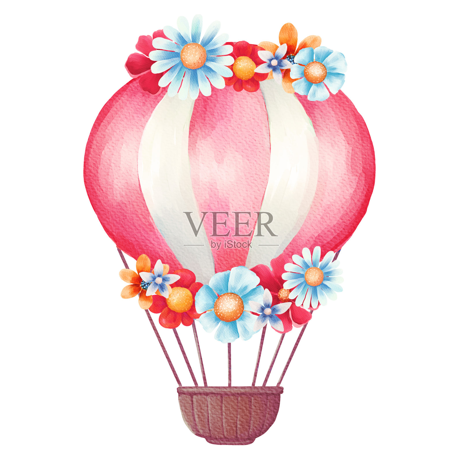 水彩假日热气球。用鲜花装饰插画图片素材