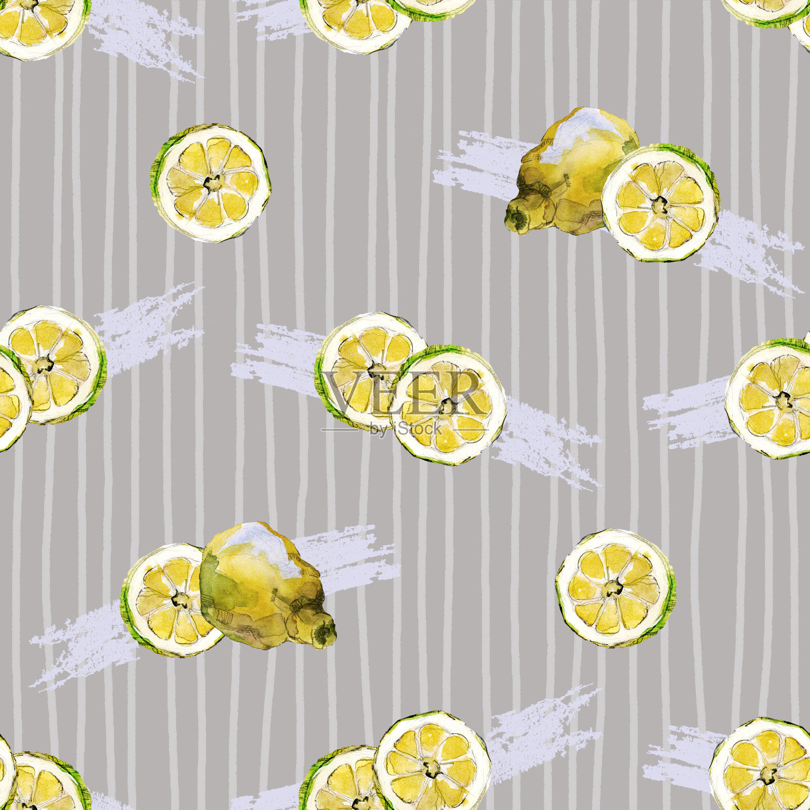 无缝模式的亮黄色水彩绘制柠檬片和一半在灰色垂直条纹的背景。插画图片素材