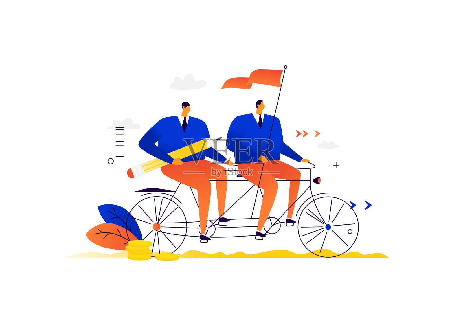 商人们骑着双人自行车。友好的商业伙伴团队。人们之间的合作伙伴关系。带旗的领导带领团队走向成功。我们一起工作。平坦的插图。插画图片素材
