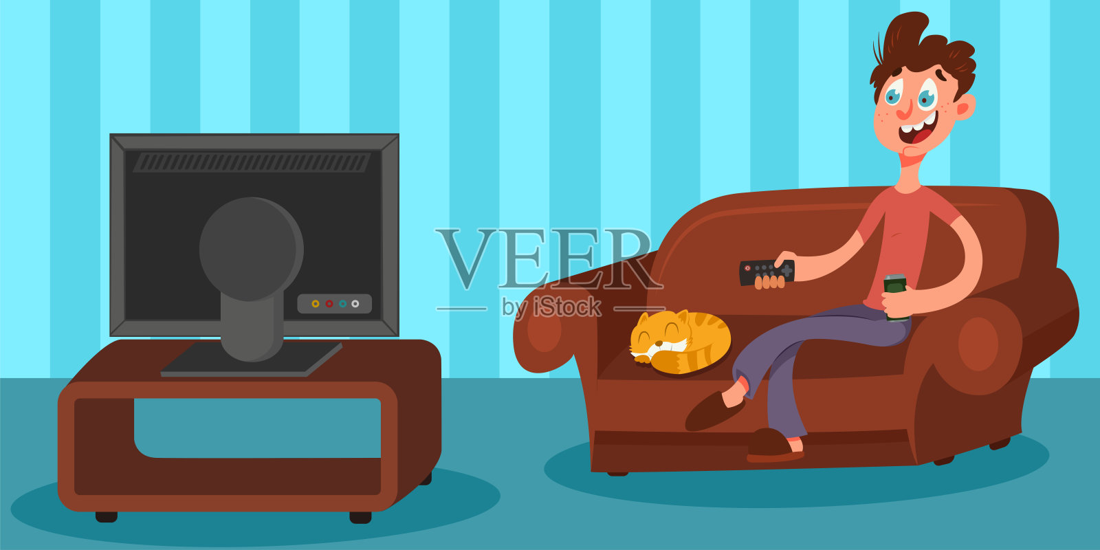 一个男人坐在客厅的沙发上看电视，手里拿着遥控器，手里拿着啤酒。男性矢量卡通人物在沙发上。插画图片素材