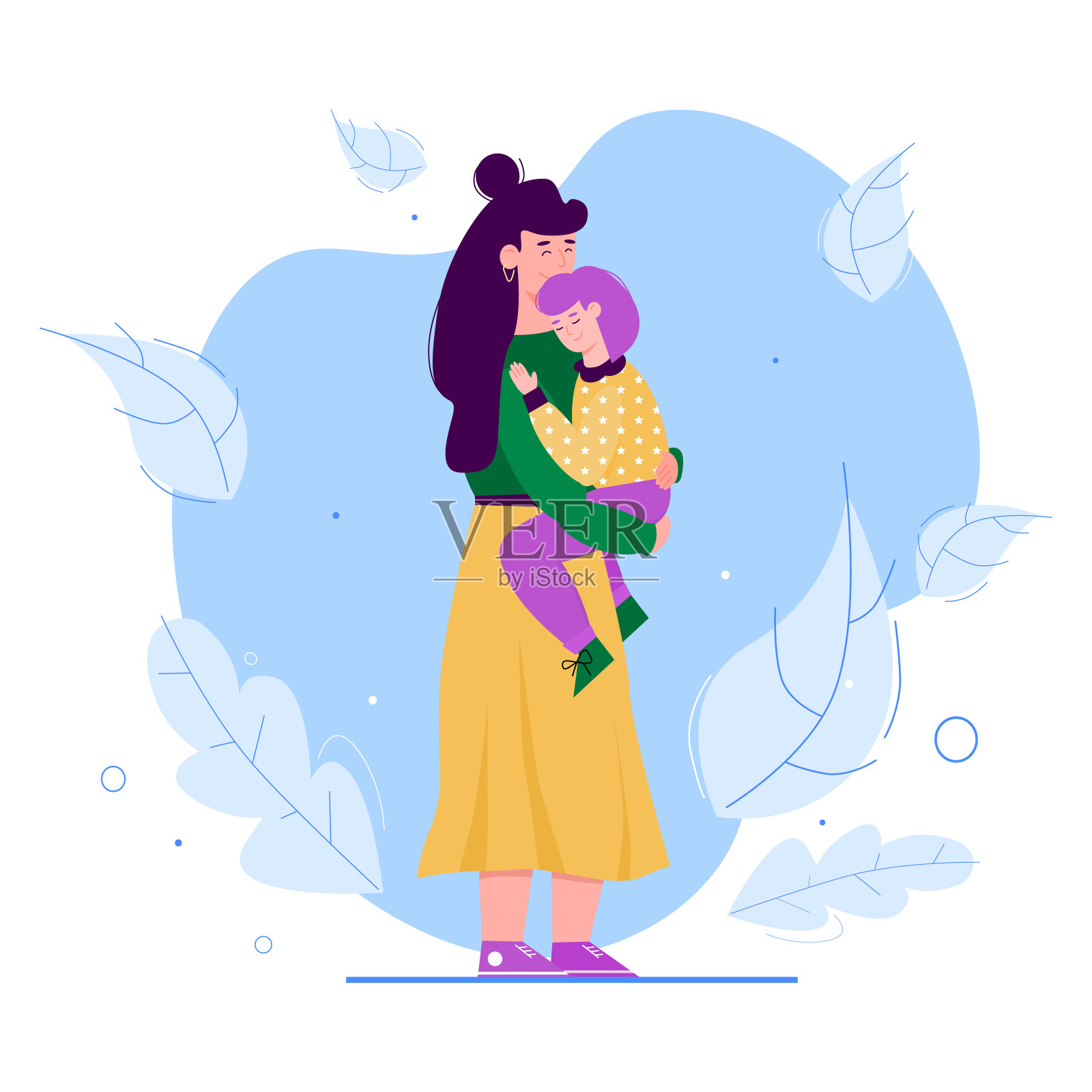 母女拥抱——卡通女性拥抱并抱着她的孩子插画图片素材
