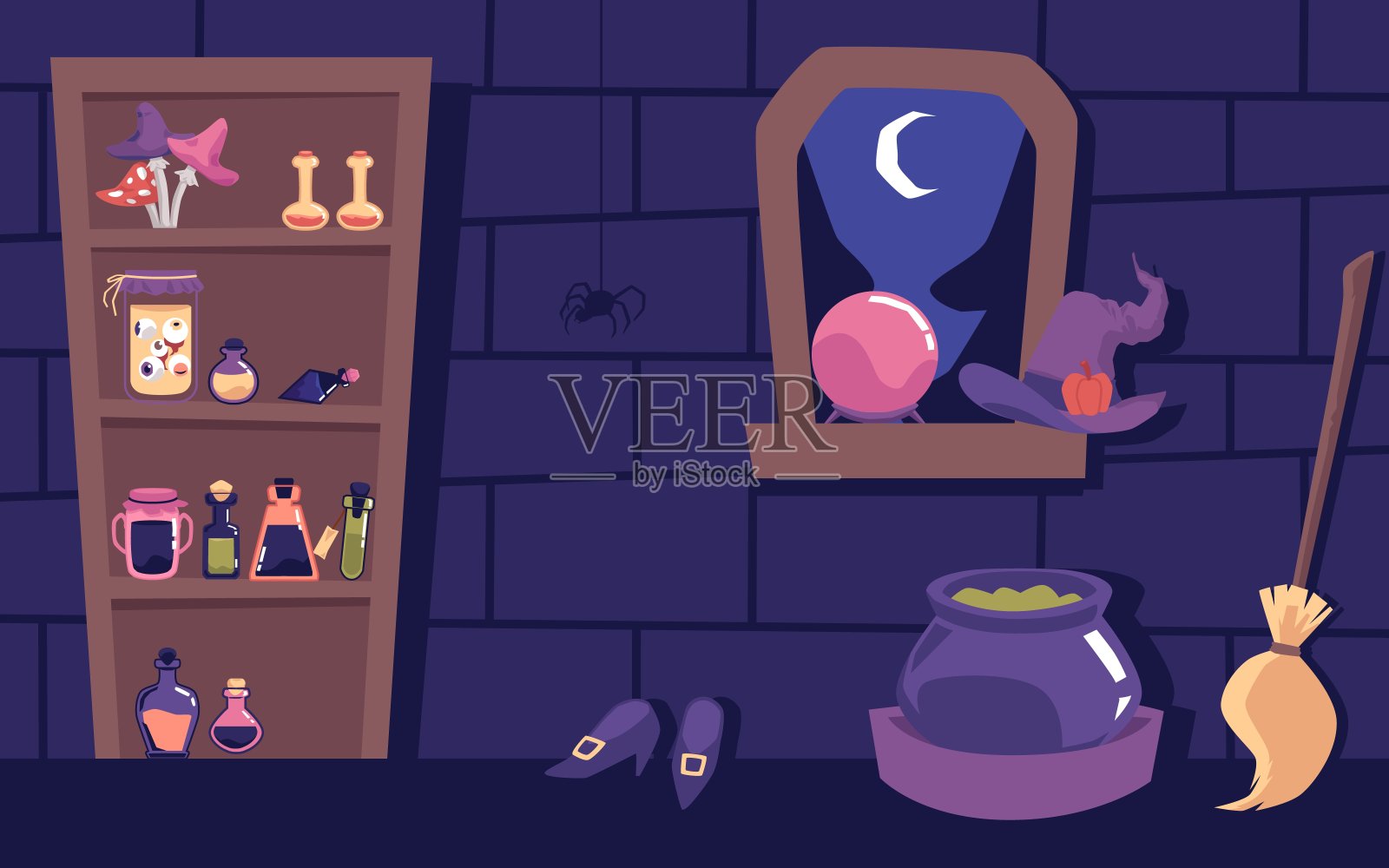 可怕的女巫房间内部-万圣节横幅与魔法药水架子插画图片素材