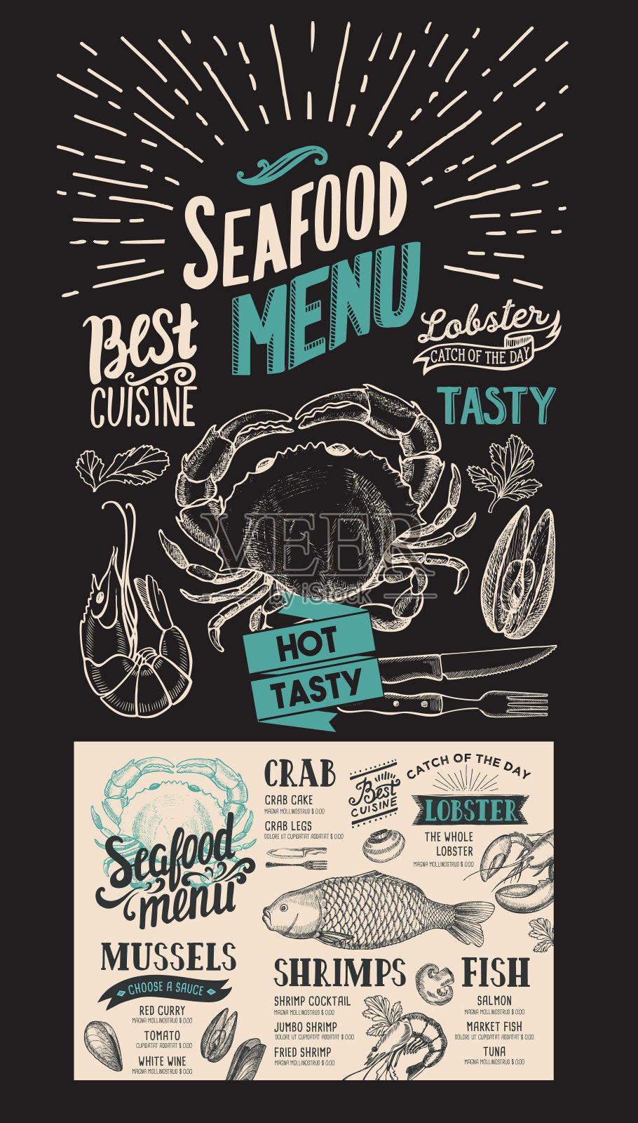餐厅海鲜菜单。酒吧和咖啡馆的矢量食物传单。设计模板与复古手绘插图在黑板的背景。插画图片素材