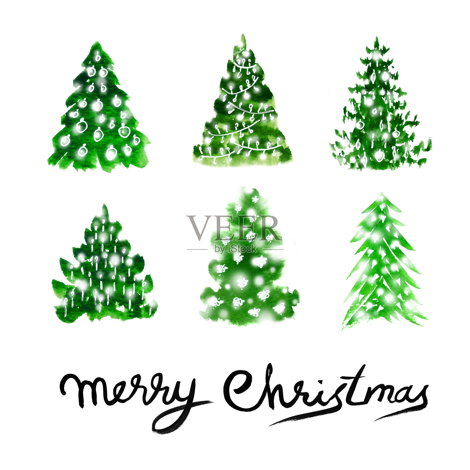 圣诞设置六棵闪亮的圣诞树与灯和黑色字母圣诞快乐。插画图片素材