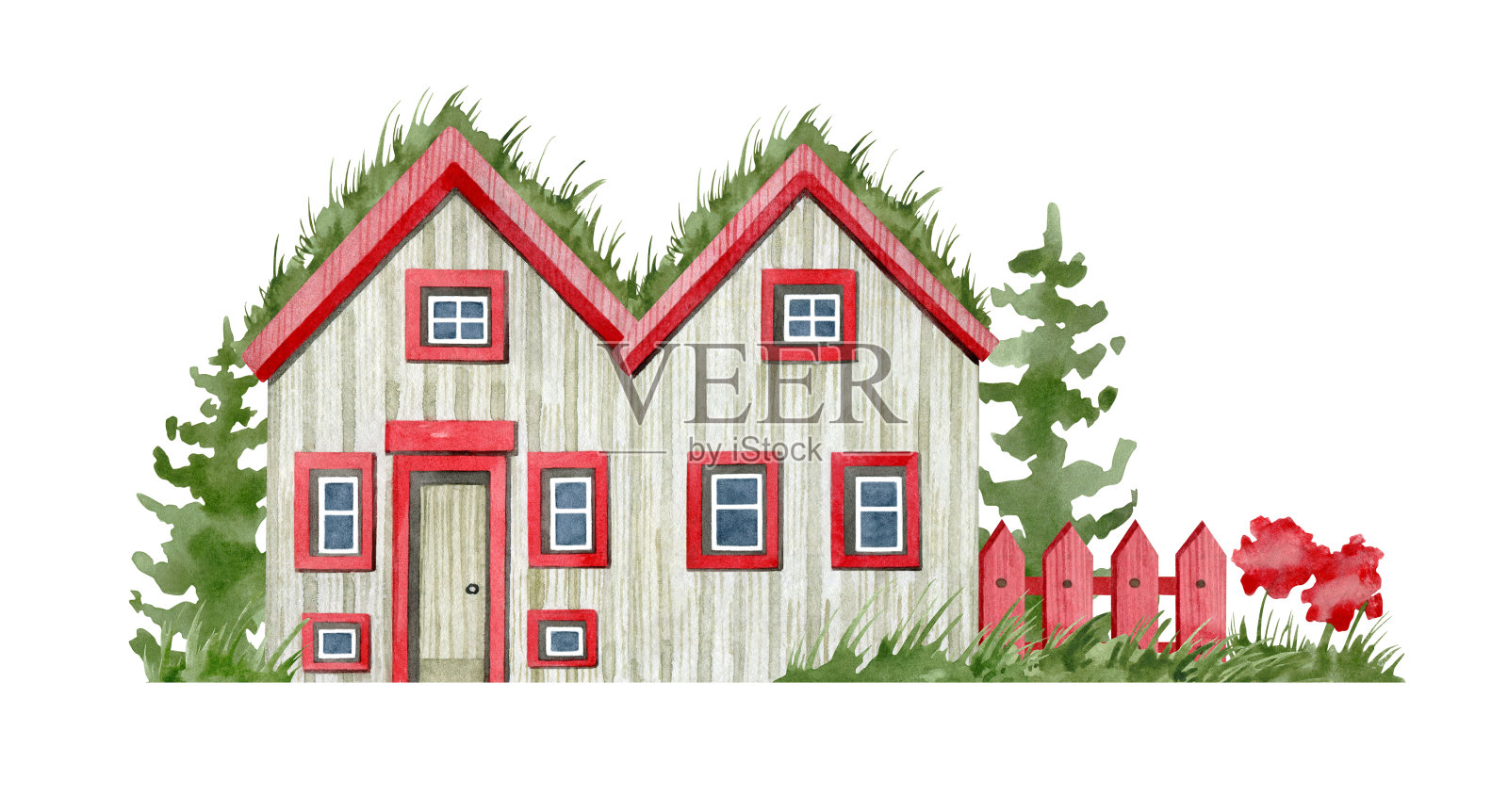 水彩画街道上有红色的冰岛草皮小屋。北欧木arcitecture。可爱的乡村老房子，杉树，草屋顶，马车，栅栏。基于自然的住宅建筑。设计元素图片
