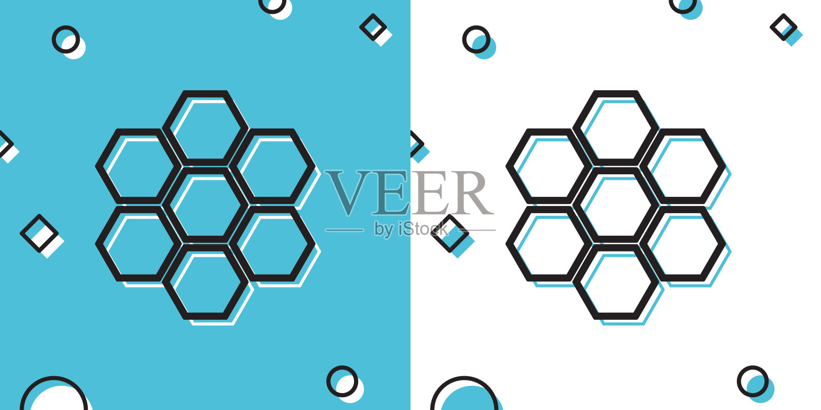黑色蜂巢标志图标孤立在蓝色和白色的背景。蜂蜜细胞的象征。甜蜜的天然食品。随机动态形状。矢量图插画图片素材